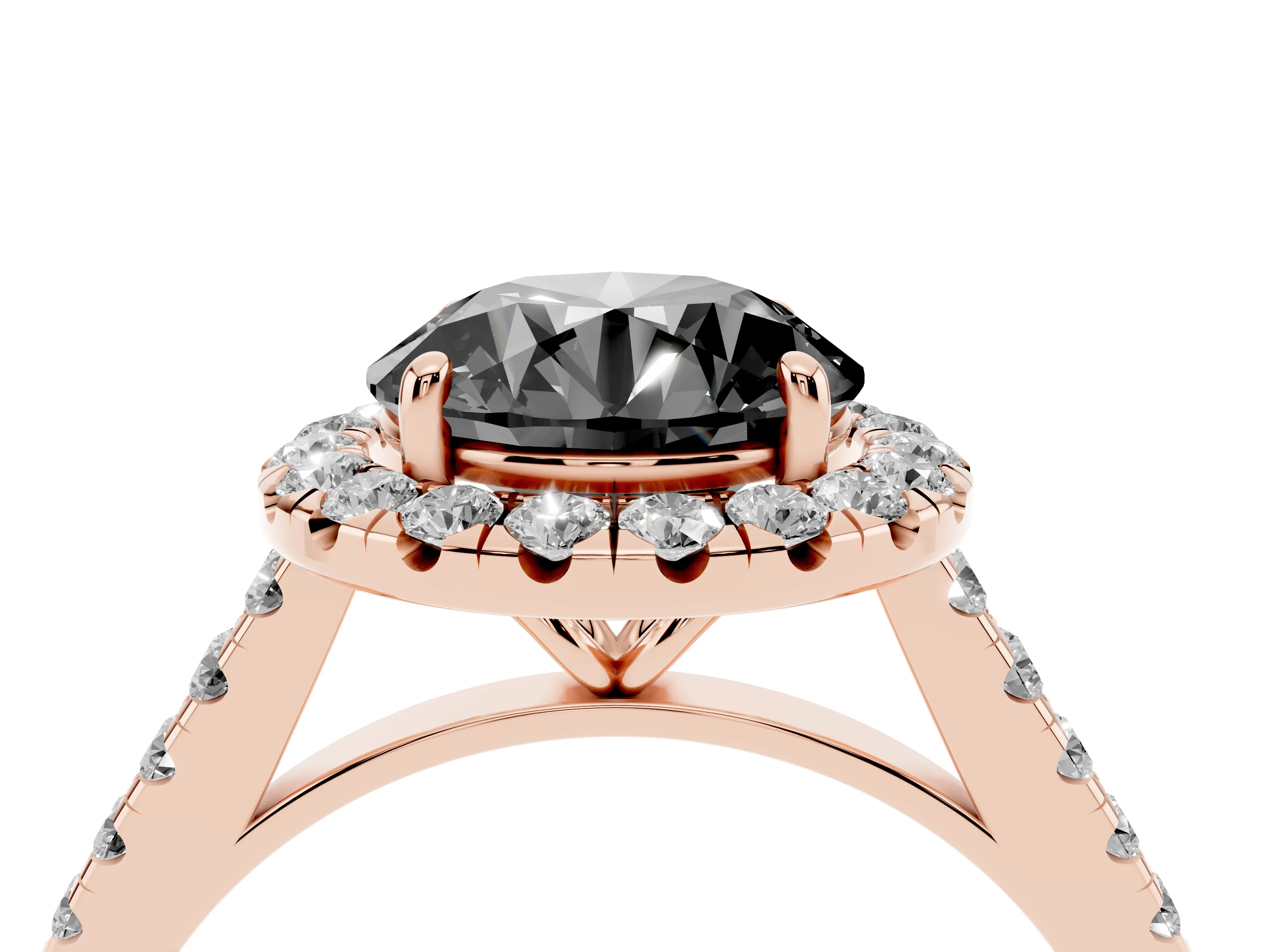 Fancy Black Round Cut Diamond Halo Pavé Engagement Ring Set in Rose gold with Prong Setting