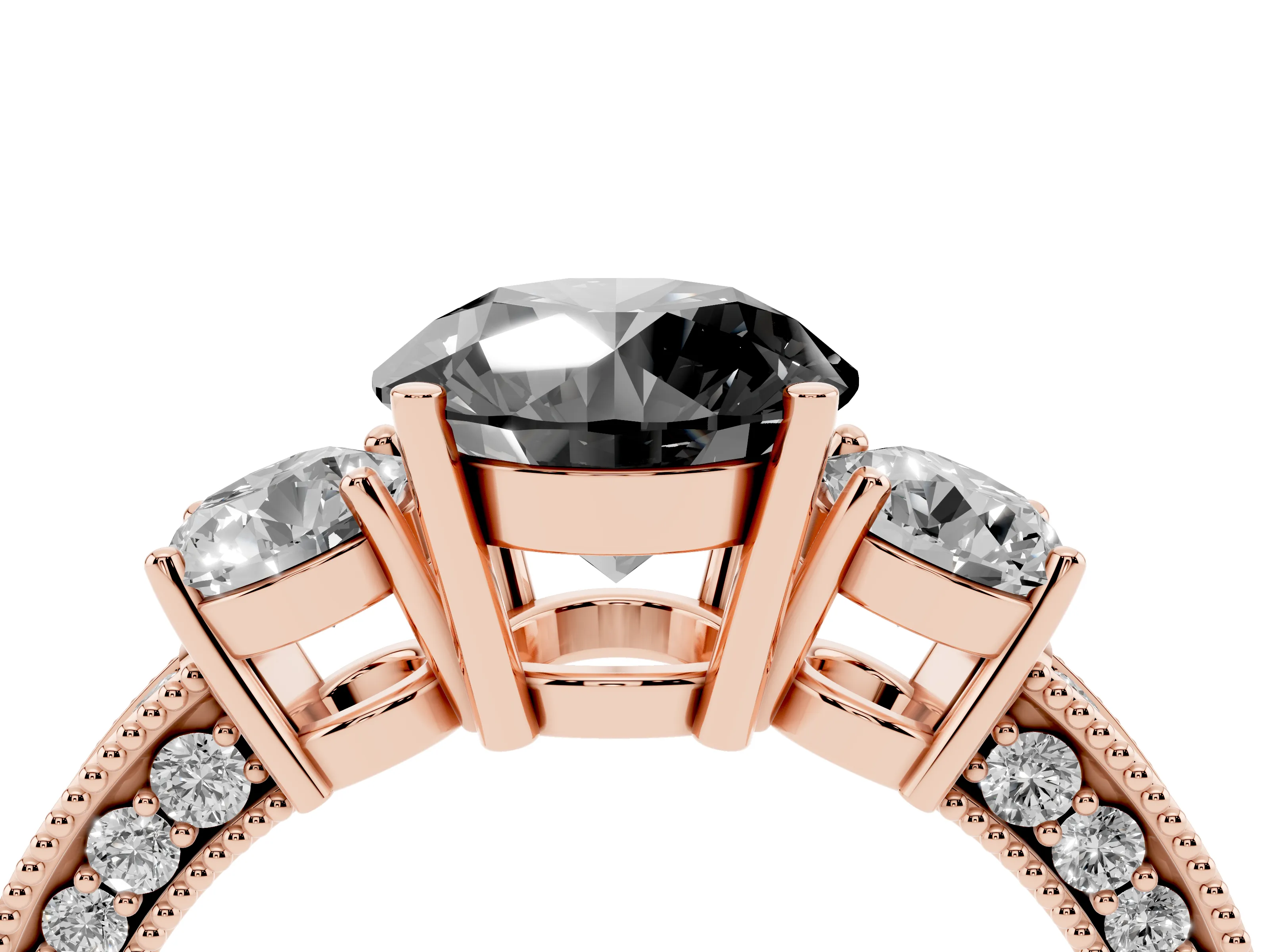 Fancy Black Round Cut Diamond Three-Stone Ring Set in Rose gold with Round Side Stones and Pavé Band