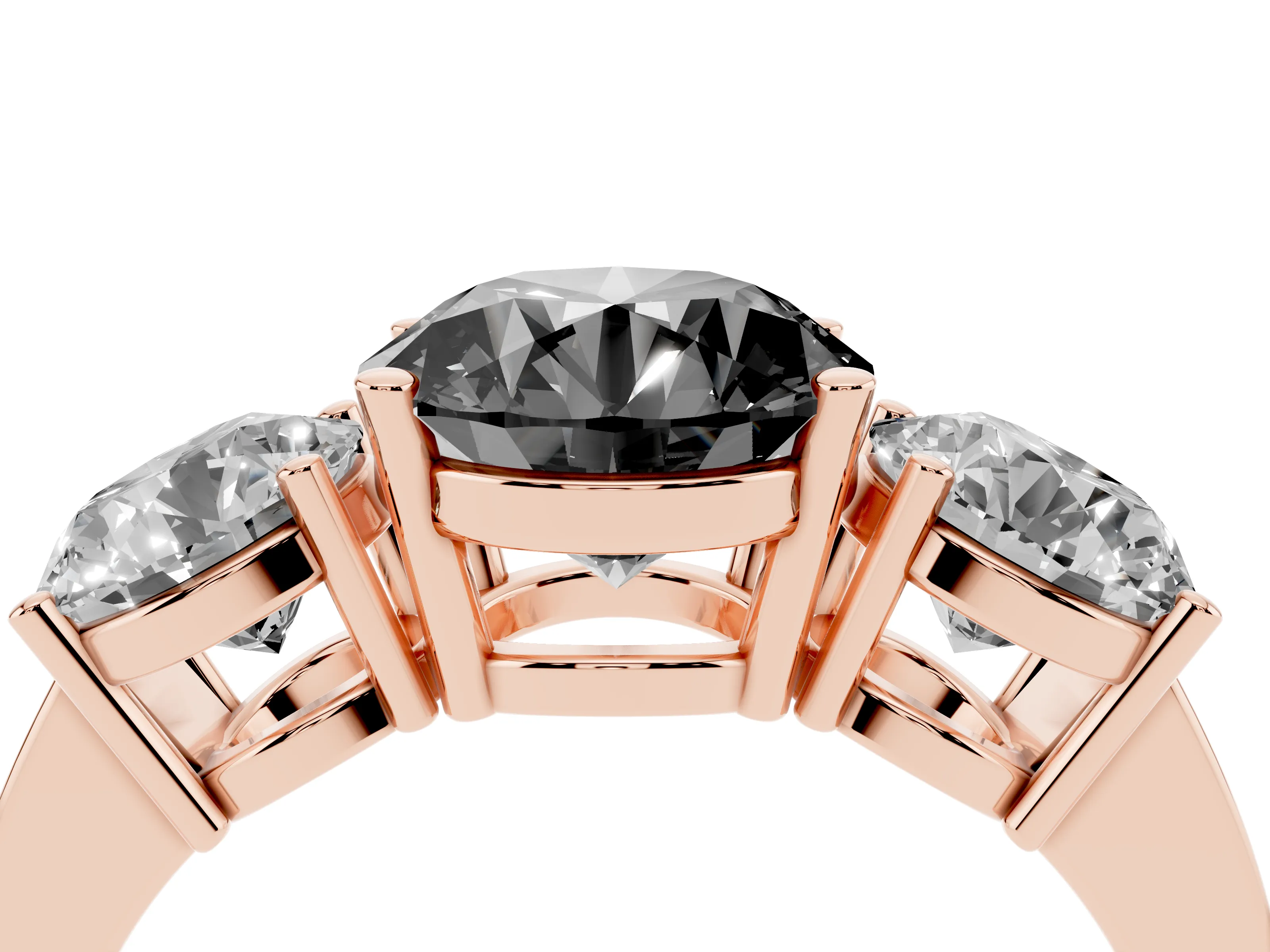 Fancy Black Round Cut Diamond Three-Stone Engagement Ring Set in Rose gold with Flat Band