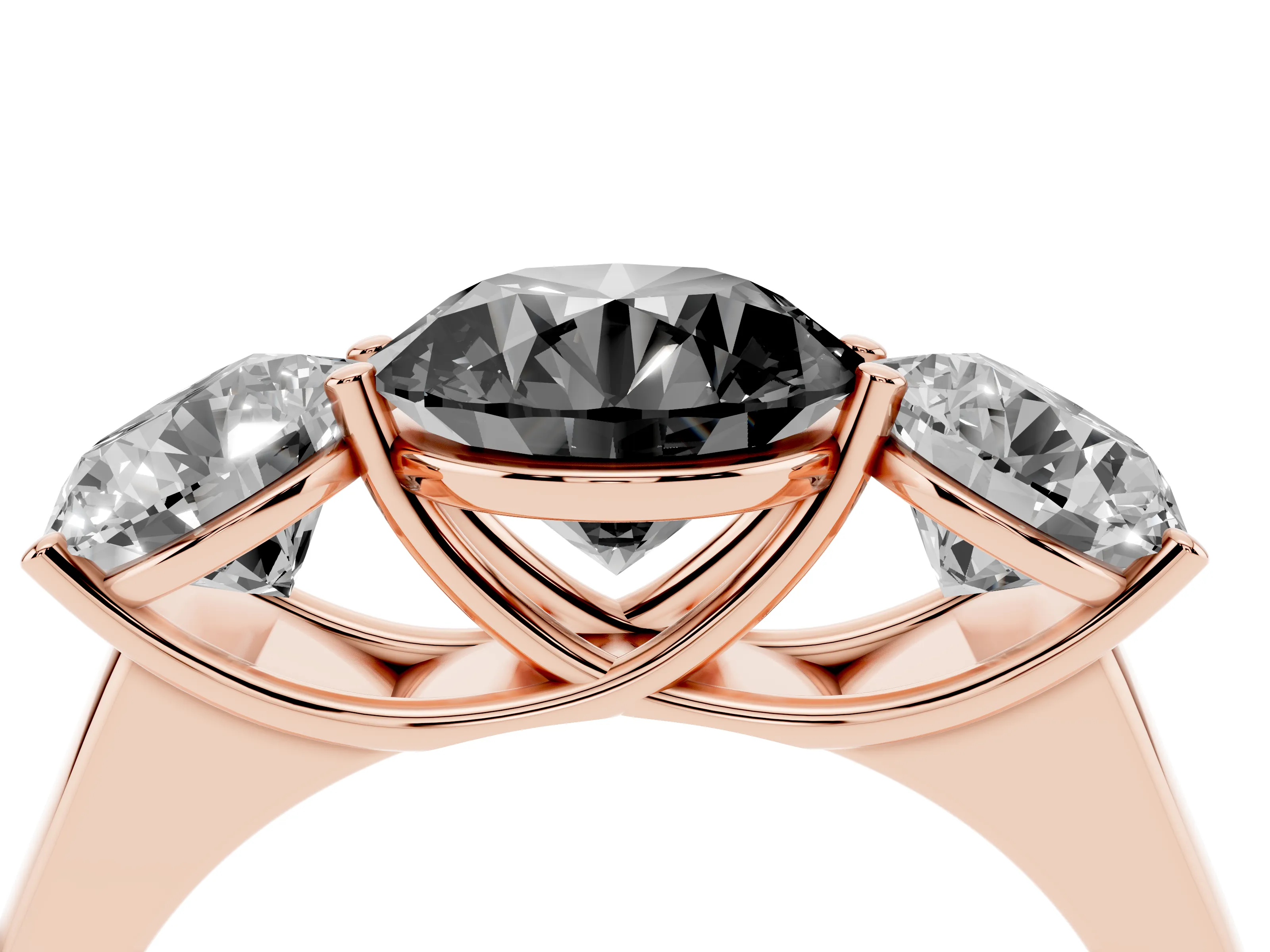 Fancy Black Round Cut Diamond Three-Stone Ring Set in Rose gold with Plain Polished Band