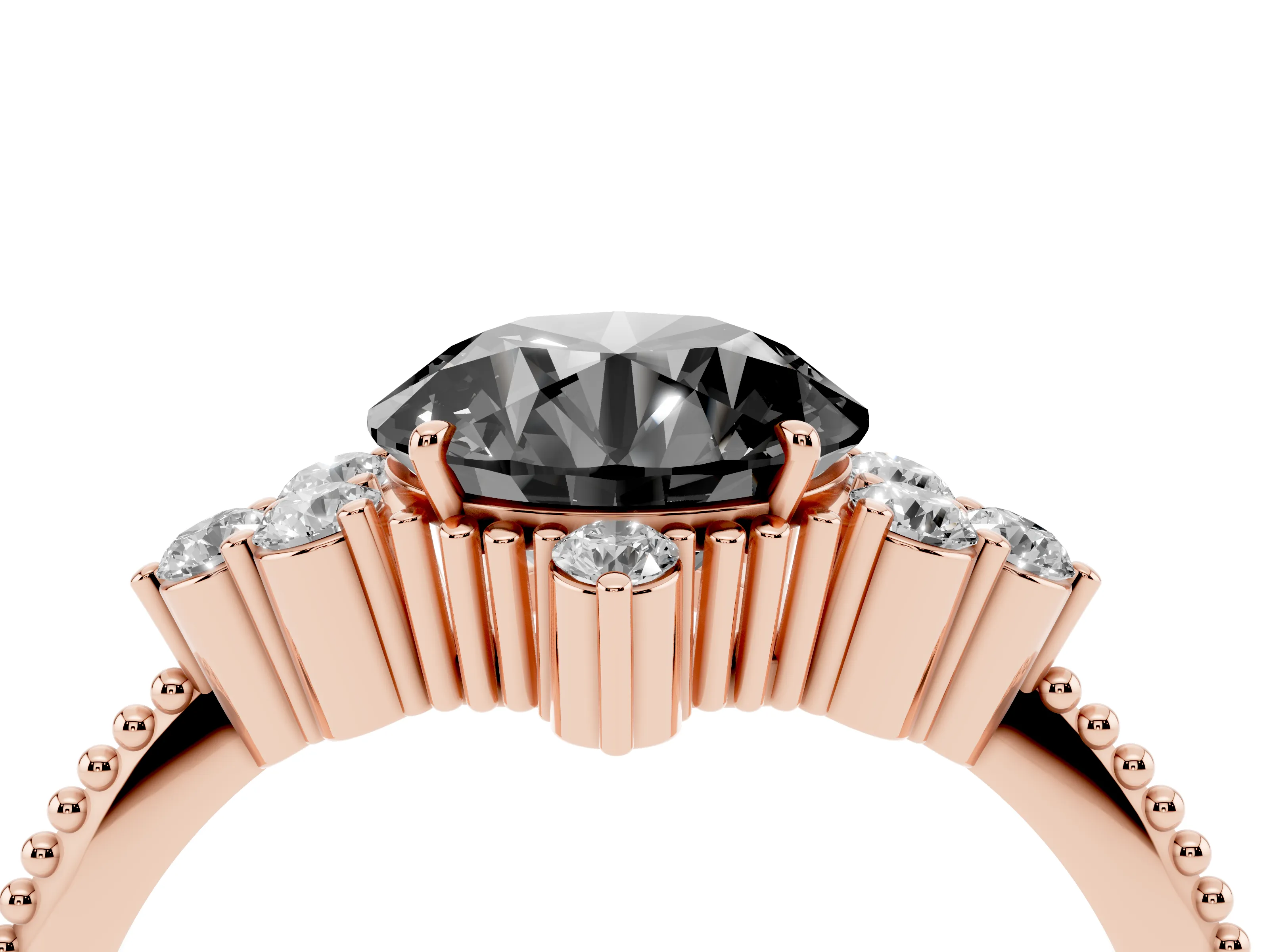 Fancy Black Round Cut Diamond Cluster Ring Set in Rose gold with Beaded Band