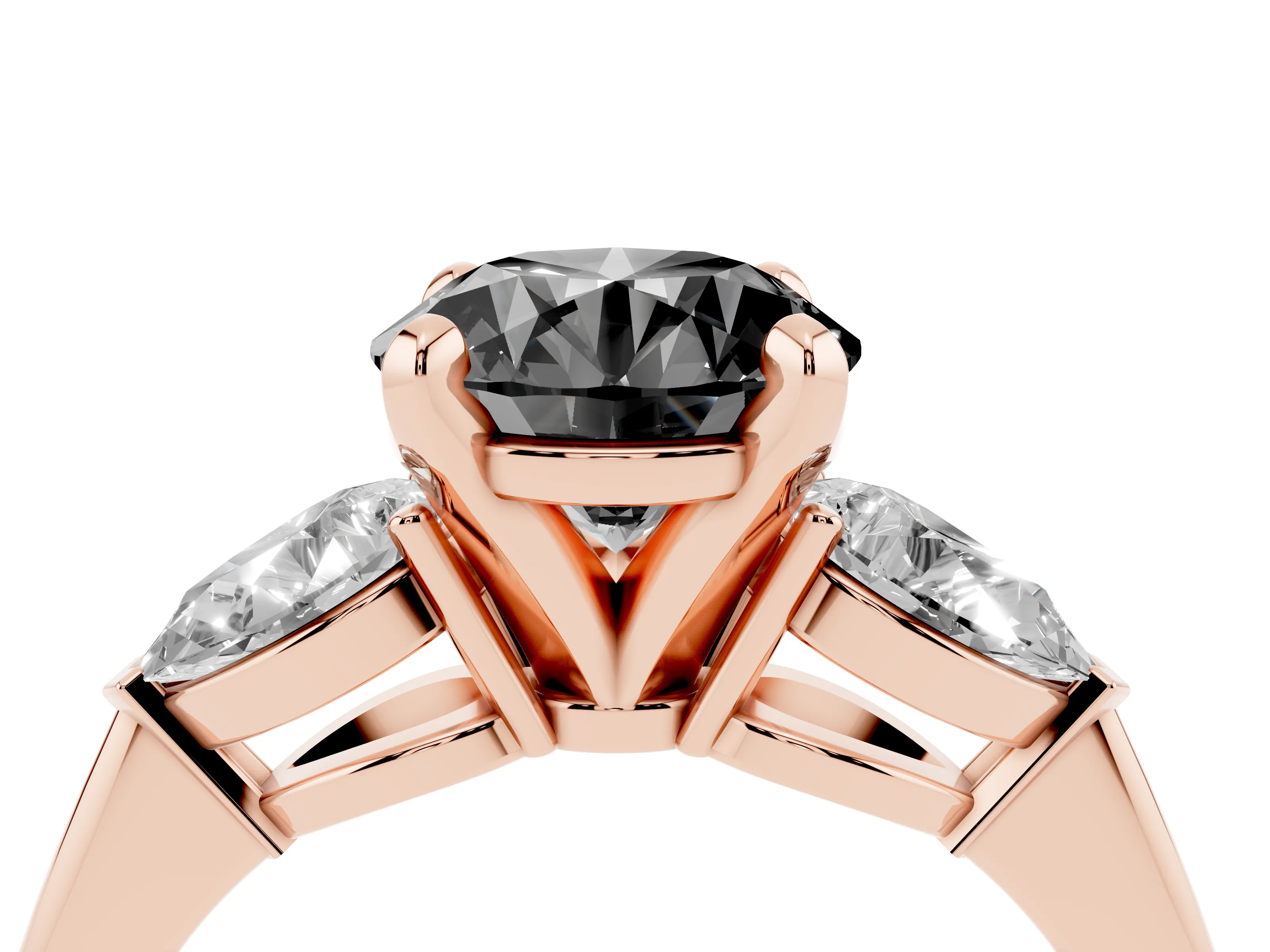 Fancy Black Three-Stone Round Cut Diamond Ring Set in Rose gold with Pear Side Stones and Prong Setting