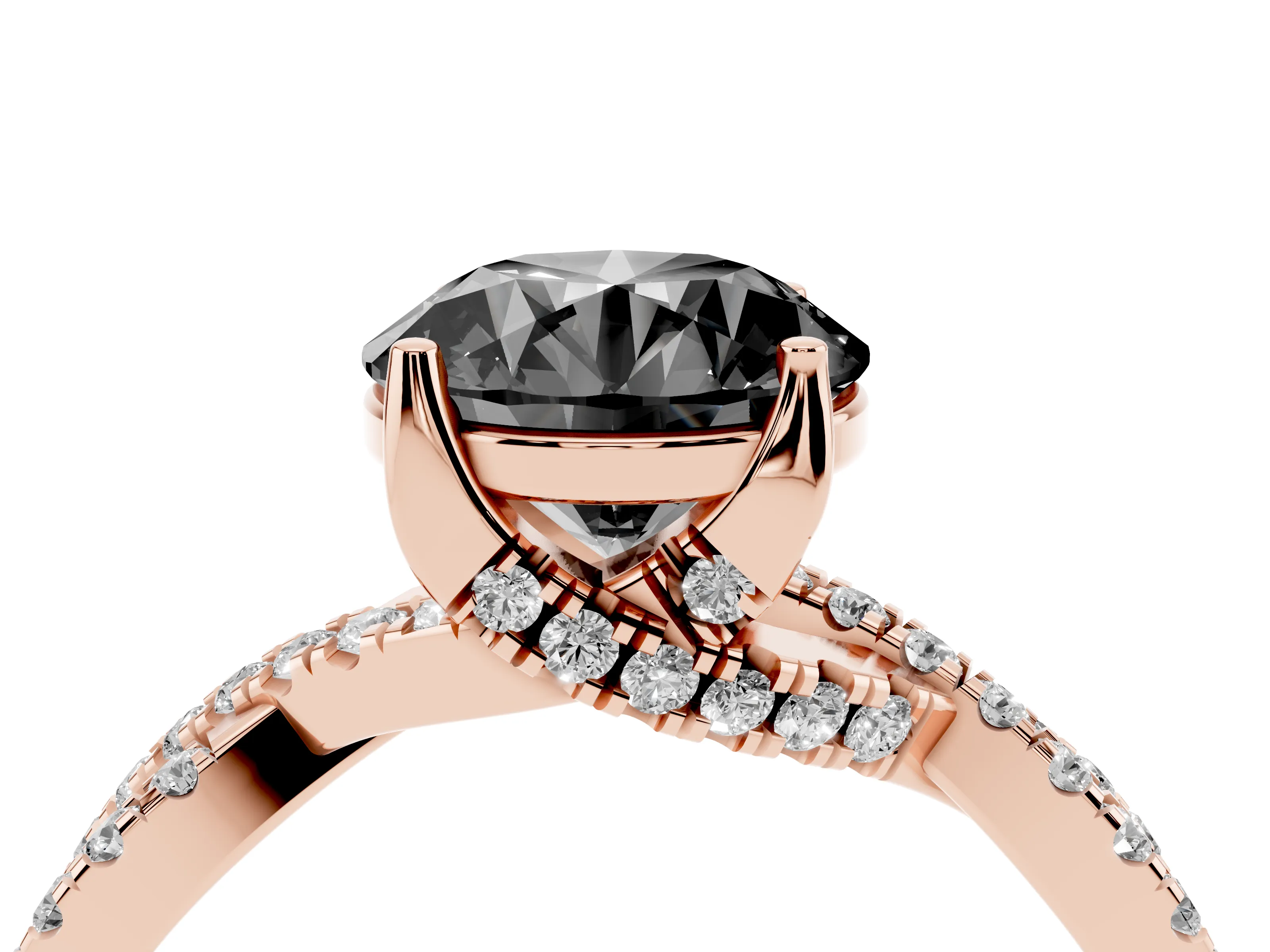 Fancy Black Round Cut Diamond Twist Pavé Solitaire Engagement Ring Set in Rose gold with Prong Setting
