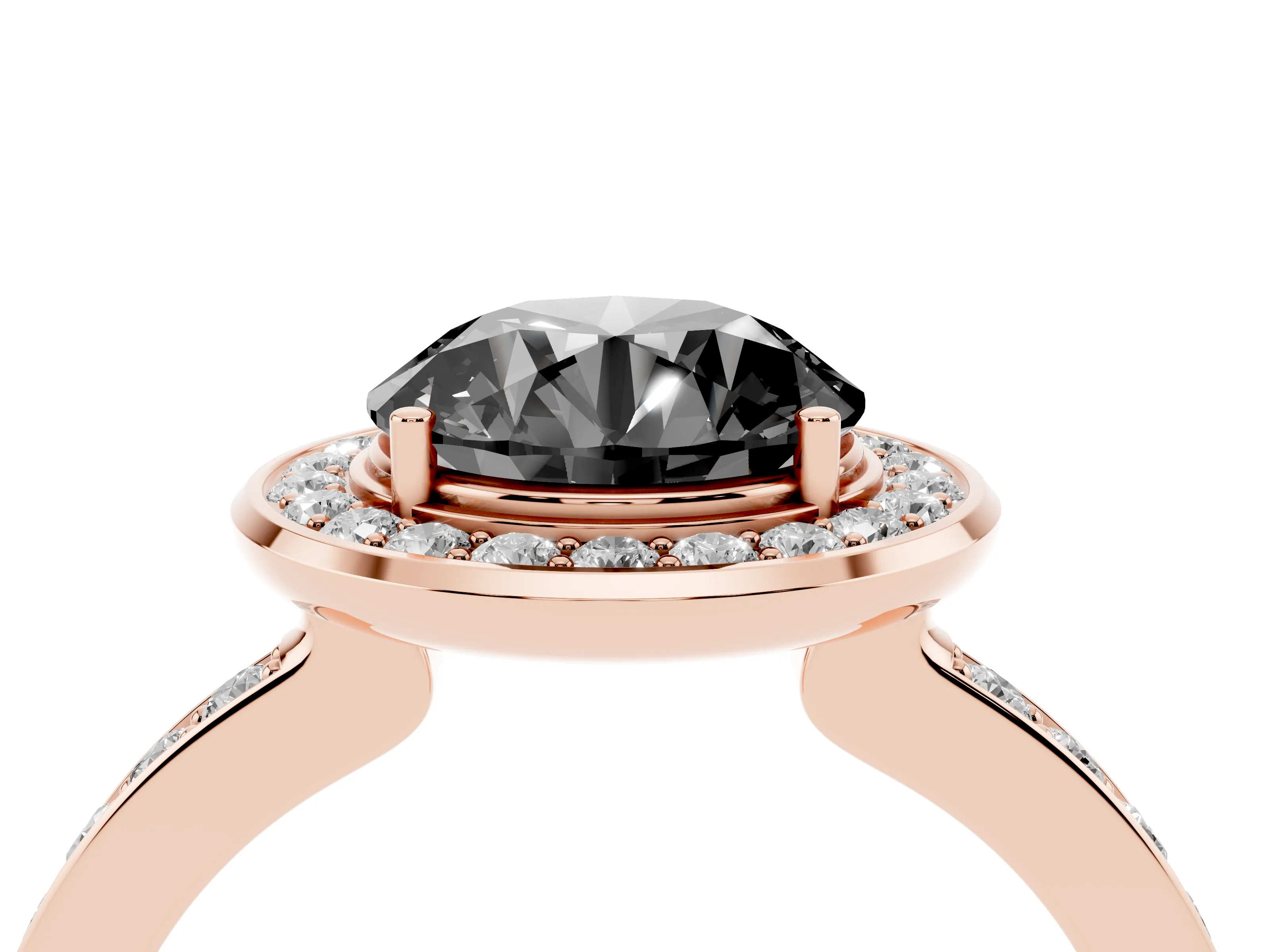 Fancy Black Round Cut Diamond Halo Ring Set in Rose gold with Bezel Frame and Pavé Band