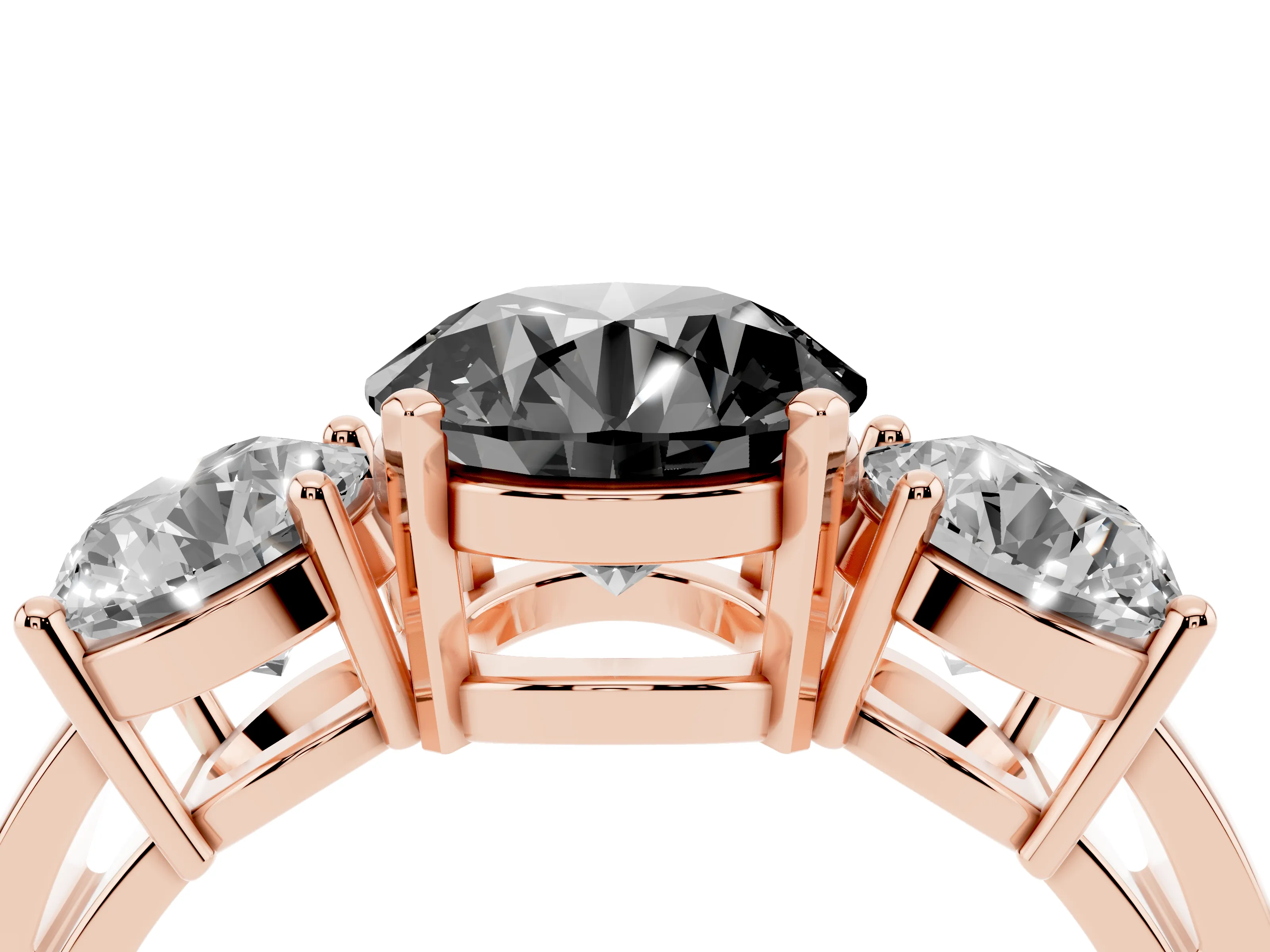 Fancy Black Round Cut Diamond Three-Stone Ring Set in Rose gold with Round Side Stones and Classic Band
