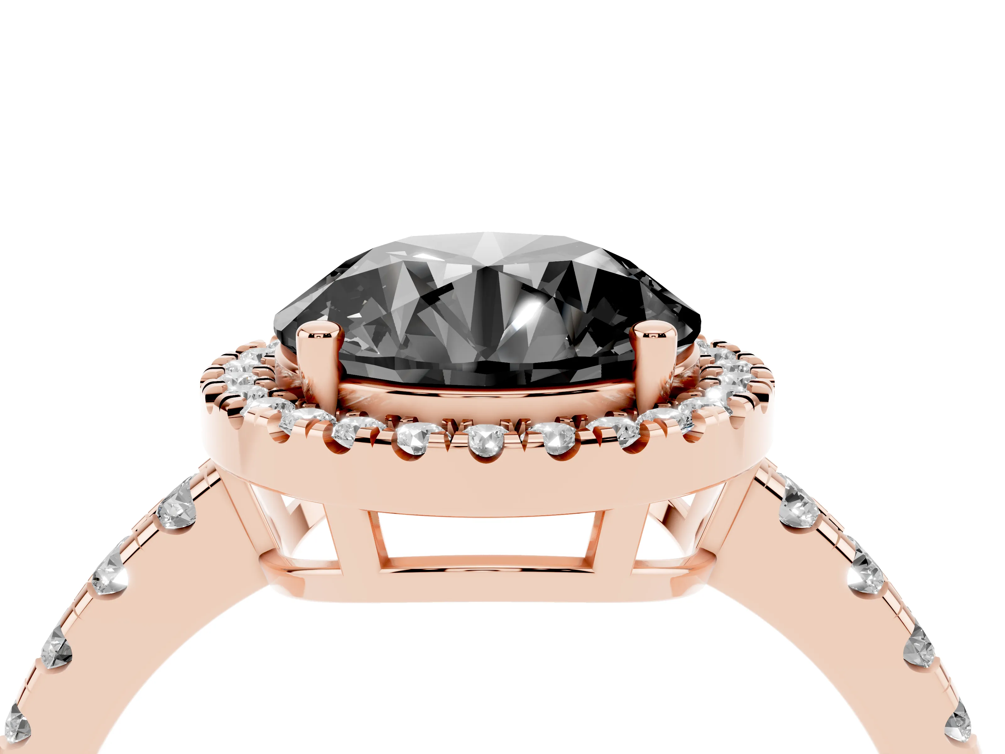 Fancy Black Round Cut Diamond Halo Ring Set in Rose gold with Delicate Pavé Band and Prong Setting