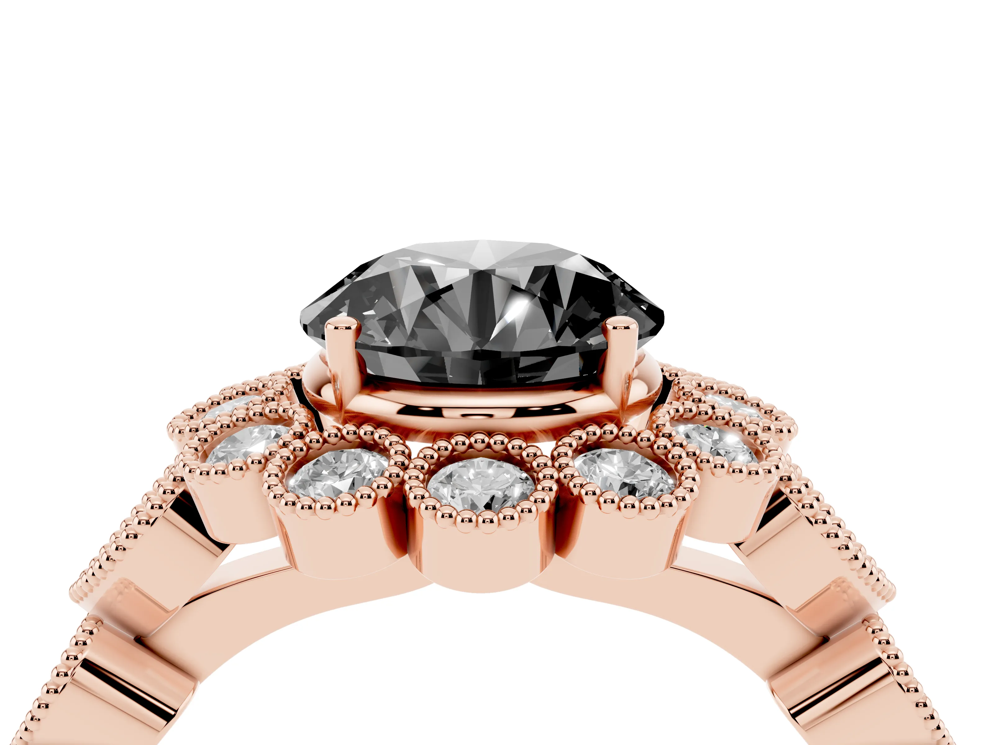 Fancy Black Round Cut Diamond Solitaire Ring Set in Rose gold with Milgrain Pavé Heart Band