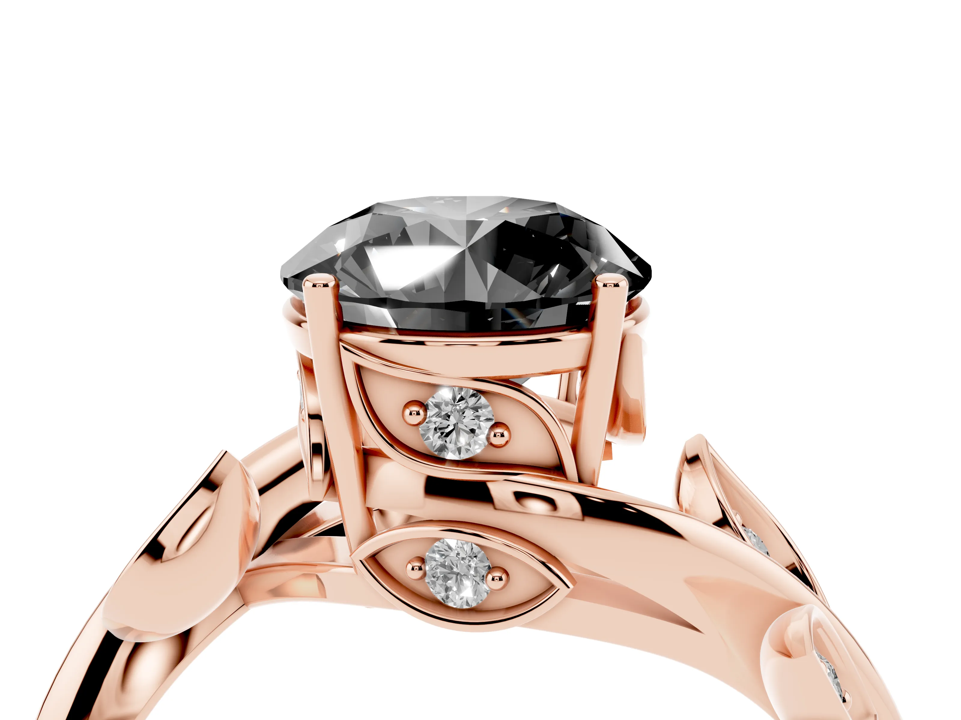 Fancy Black Round Cut Diamond Solitaire Twist Engagement Ring Set in Rose gold with Pavé Leaf Accents