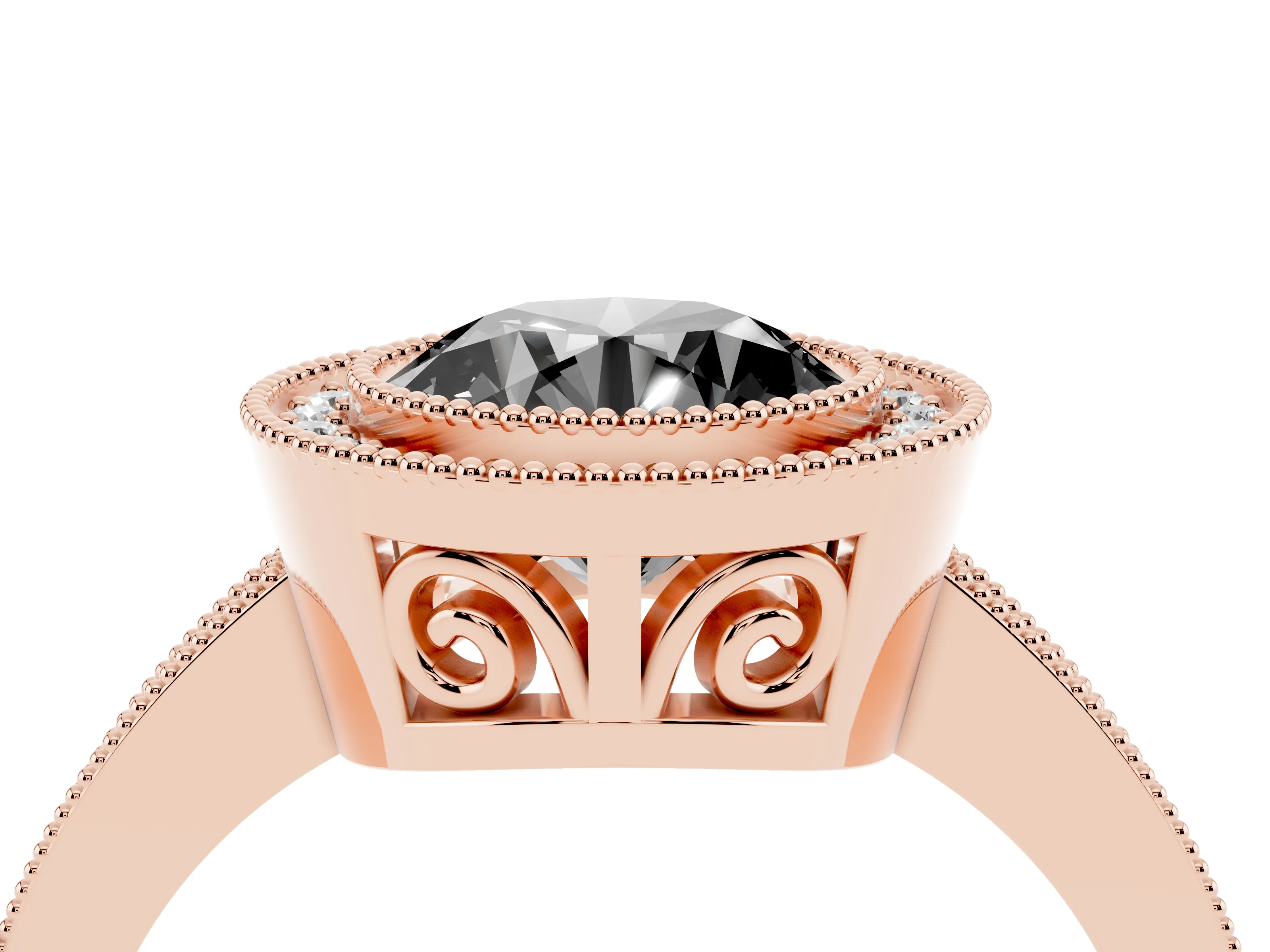 Fancy Black Round Cut Diamond Round Halo Ring Set in Rose gold with Pavé Band