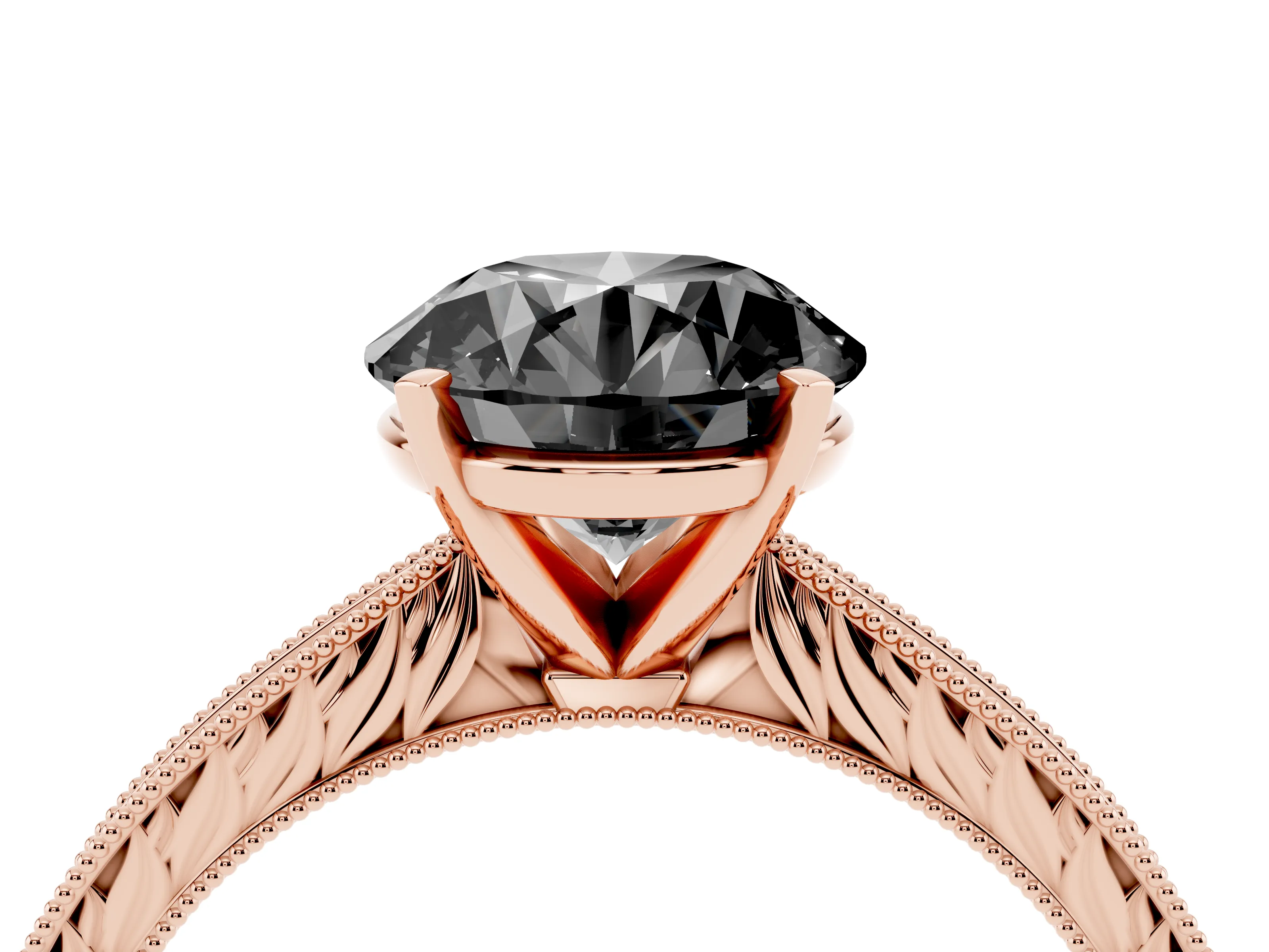 Fancy Black Round Cut Diamond Solitaire Milgrain Engraved Band Set in Rose gold with Prong Setting