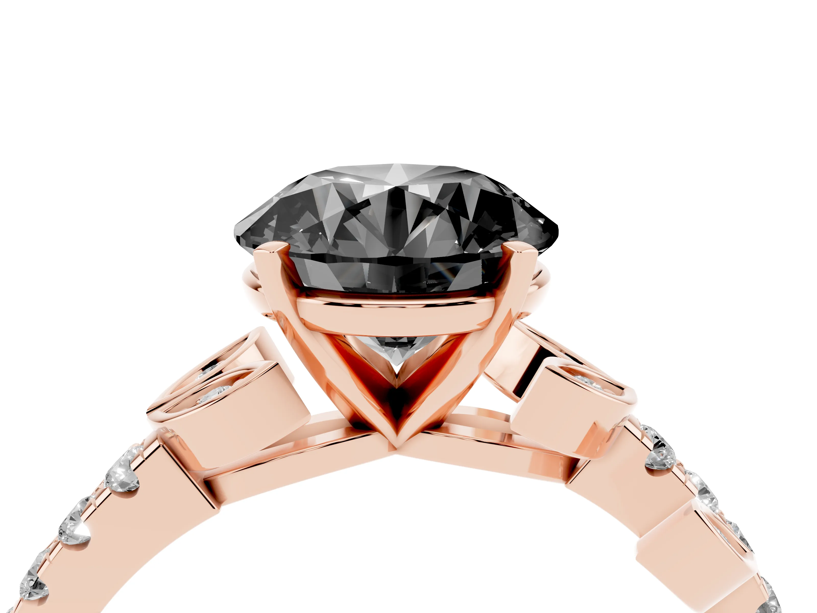 Fancy Black Round Cut Diamond Solitaire Leaf-Inspired Ring Set in Rose gold with Pavé Band and Prong Setting