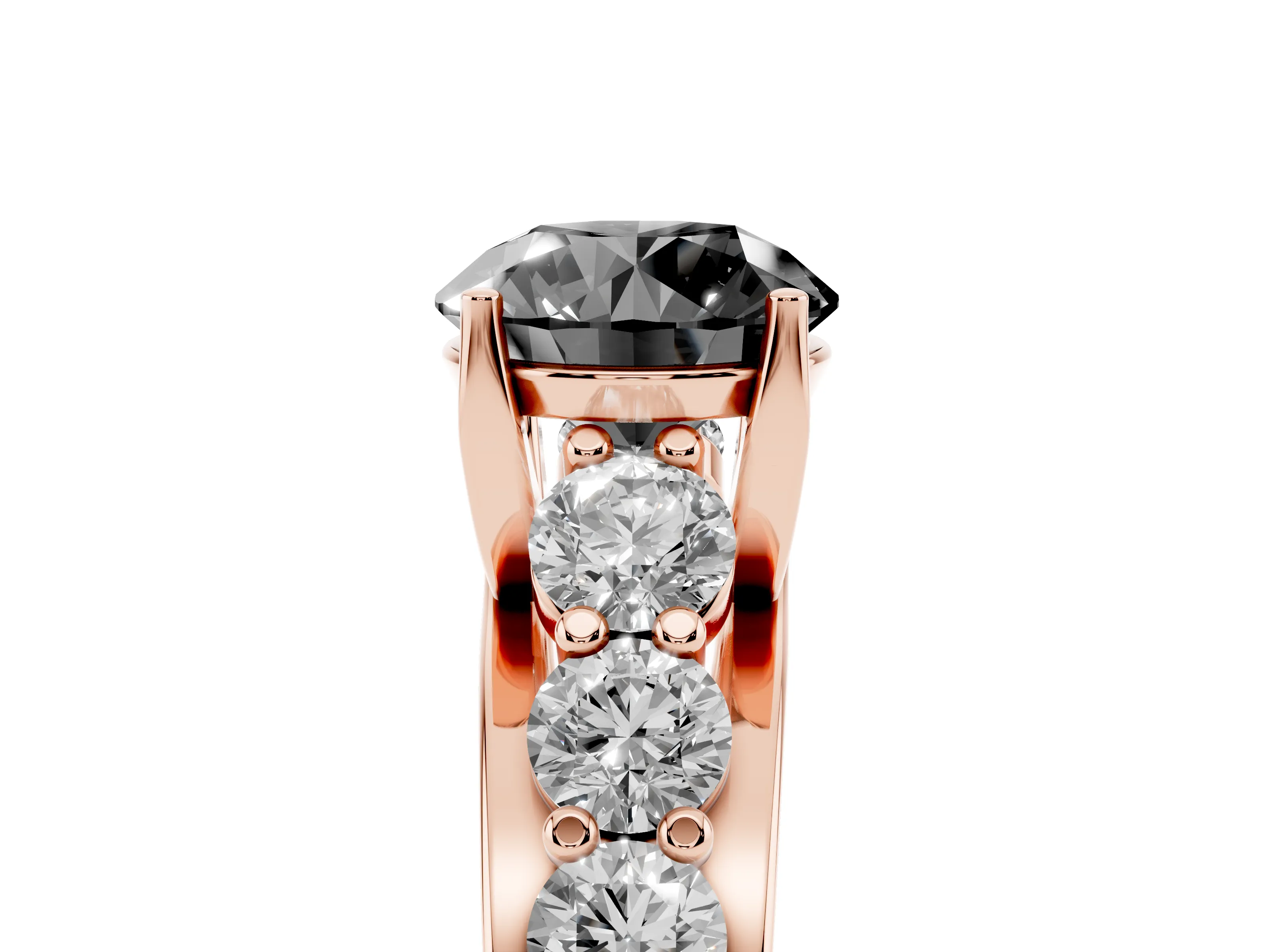 Fancy Black Round Cut Diamond Pavé Engagement Ring Set in Rose gold with Prong Setting