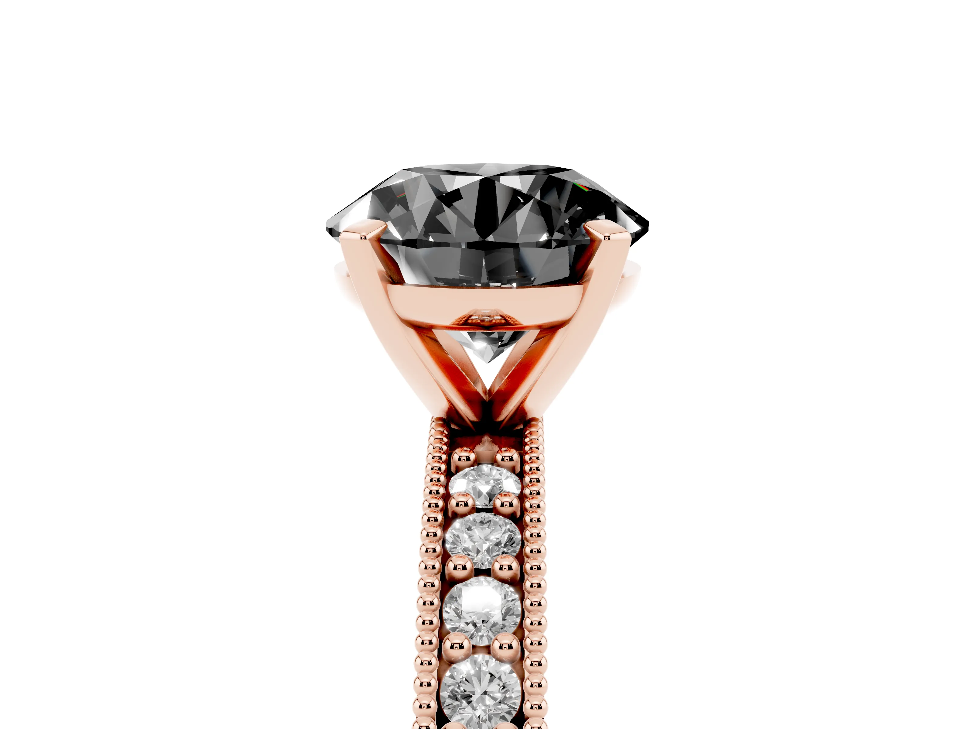 Fancy Black Round Cut Diamond Milgrain Pavé Engagement Ring Set in Rose gold with Prong Setting