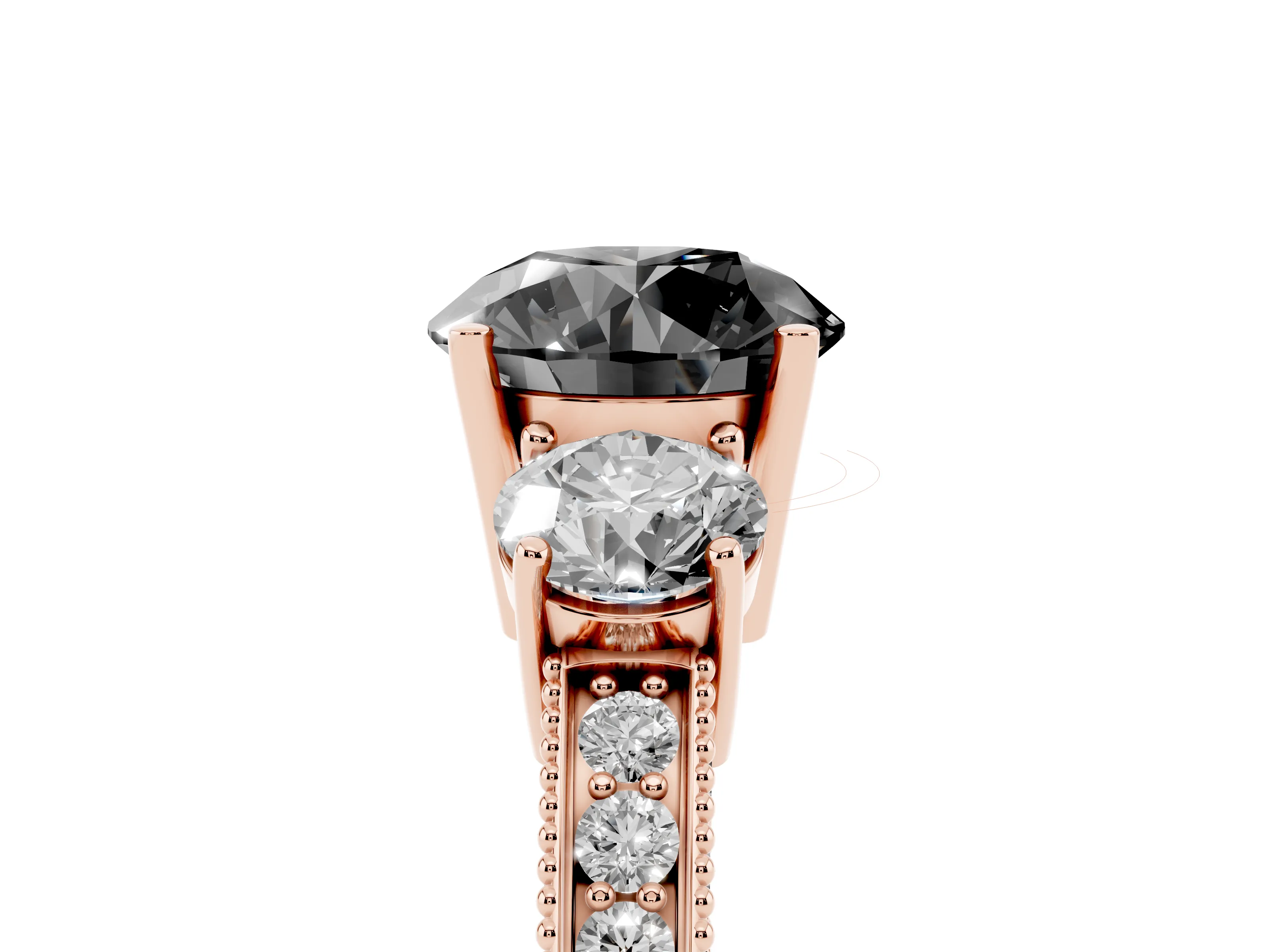 Fancy Black Round Cut Diamond Three-Stone Ring Set in Rose gold with Round Side Stones and Pavé Band