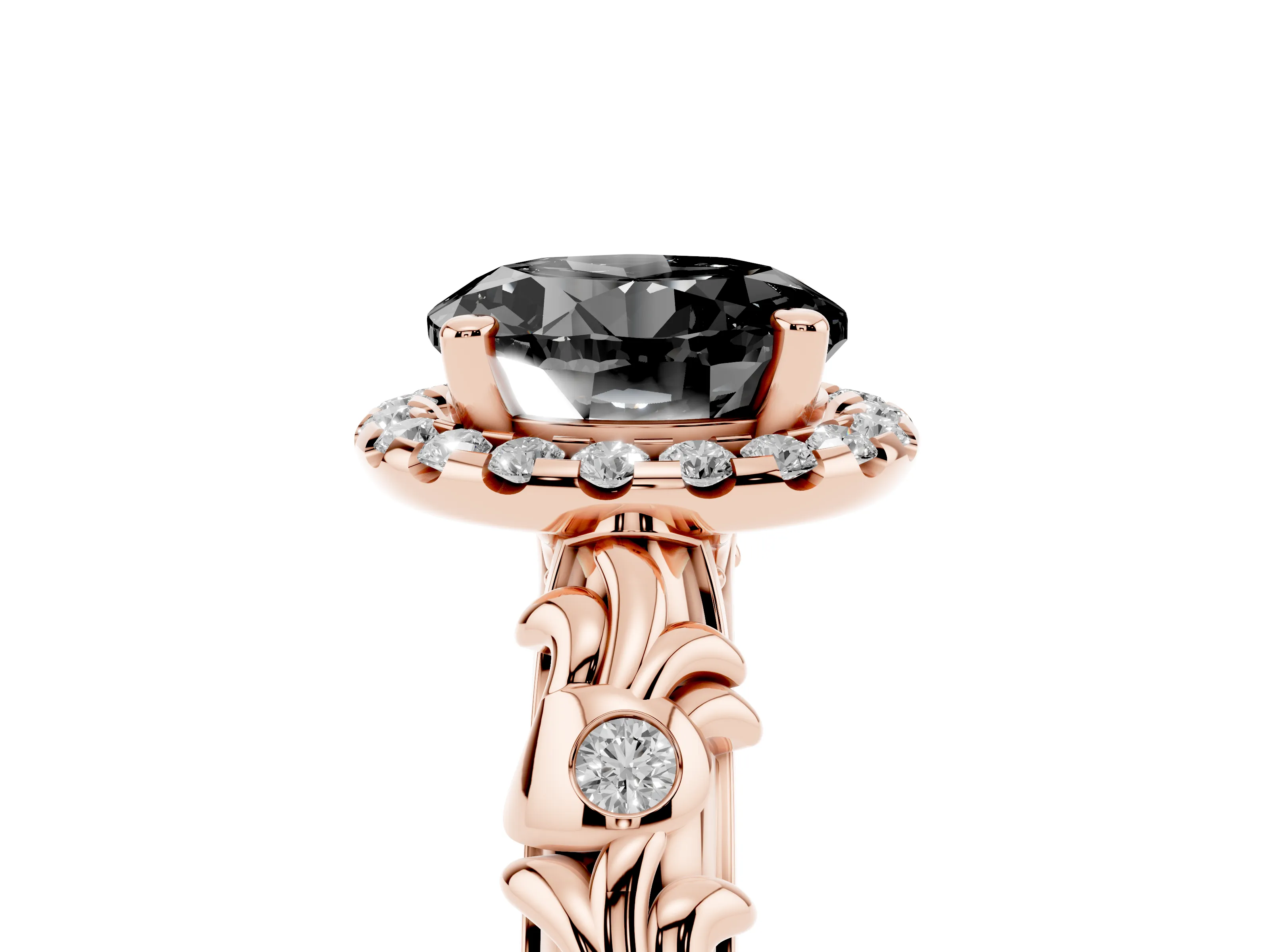 Fancy Black Round Cut Diamond Halo Ring Set in Rose gold with Filigree Leaf Band and Prong Setting