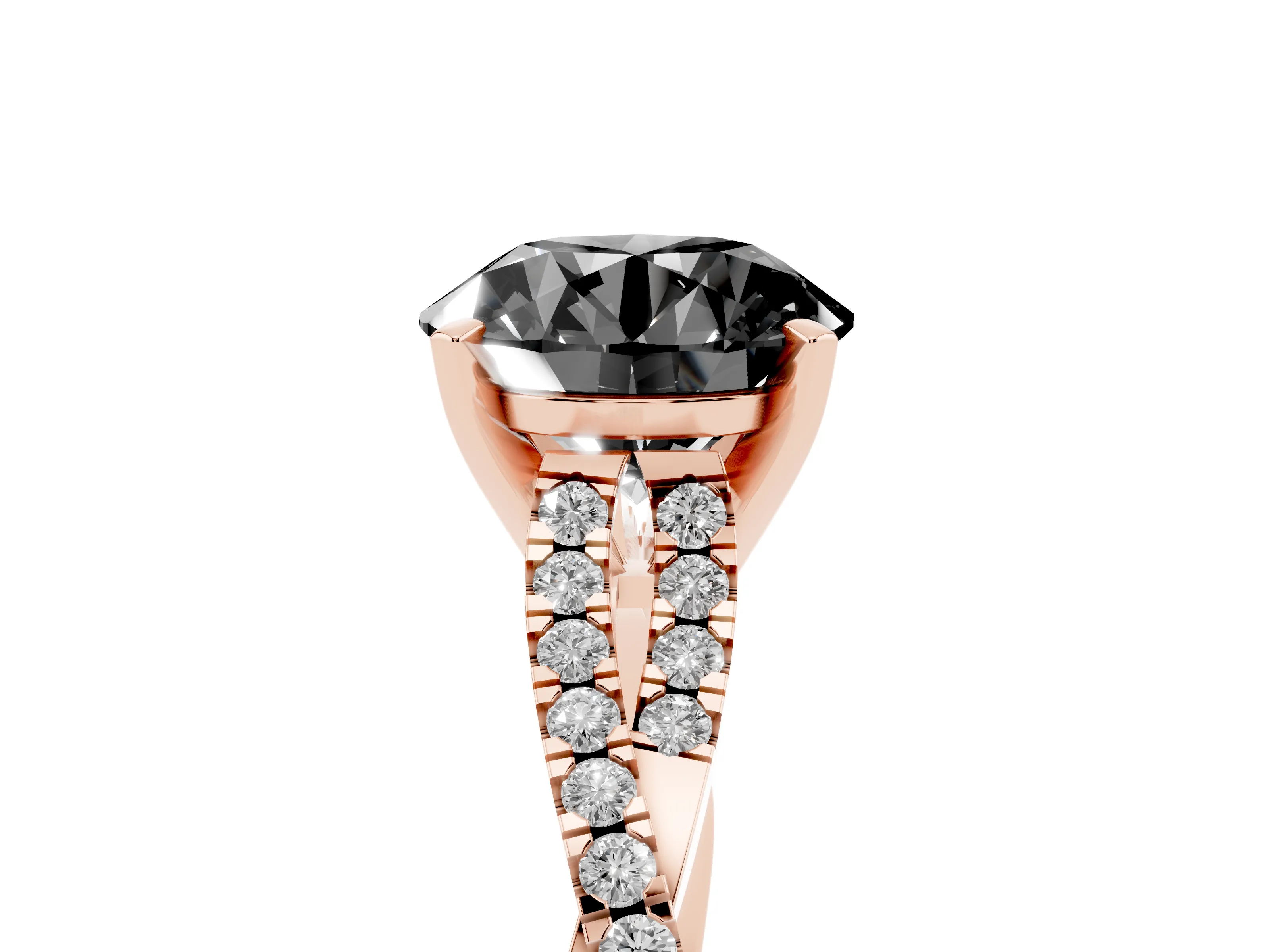 Fancy Black Round Cut Diamond Solitaire Engagement Ring Set in Rose gold with Twisted Pavé Band and Prong Setting