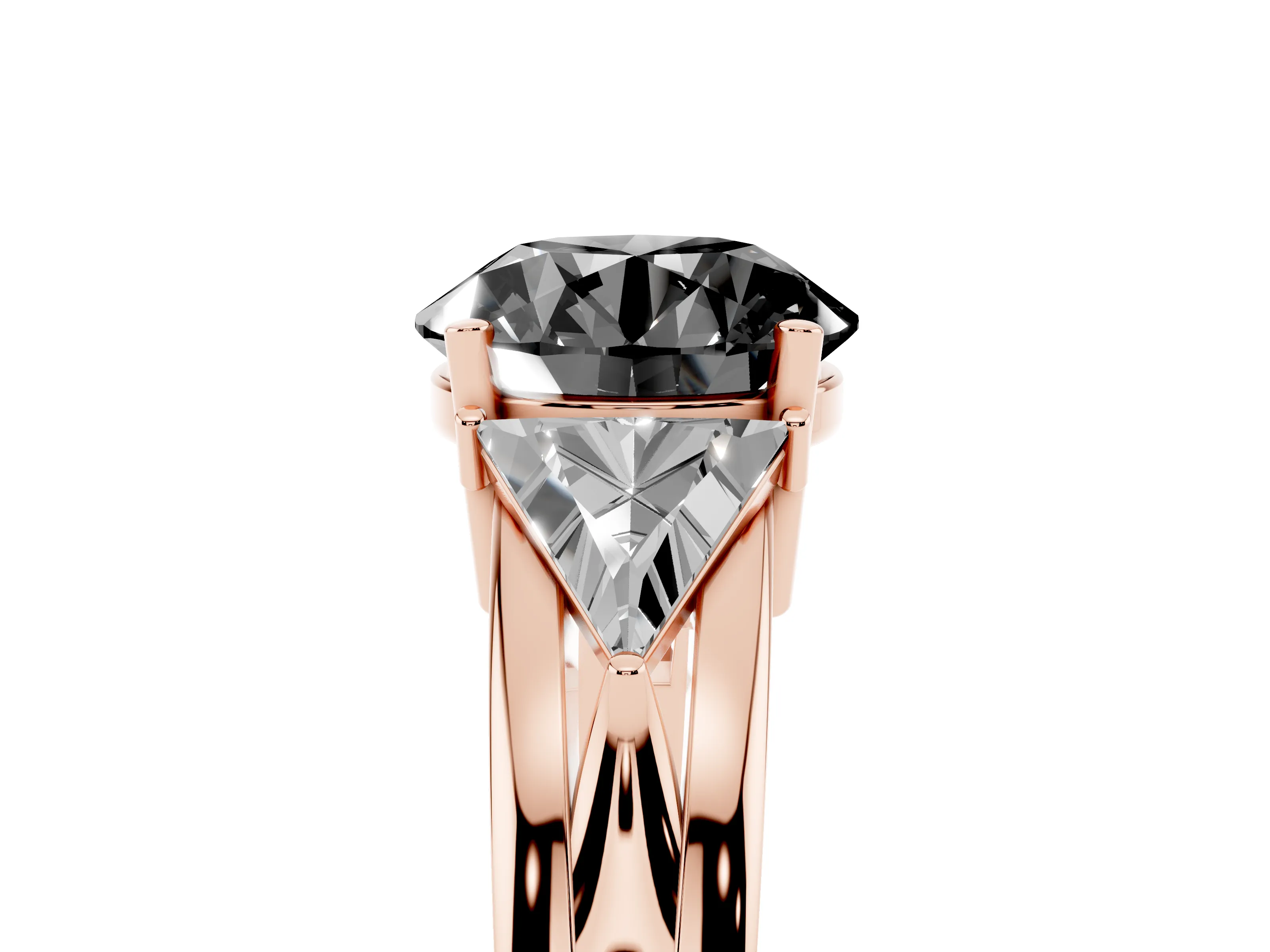 Fancy Black Round Cut Diamond Three-Stone Ring Set in Rose gold with Trillion Side Stones and Split Shank