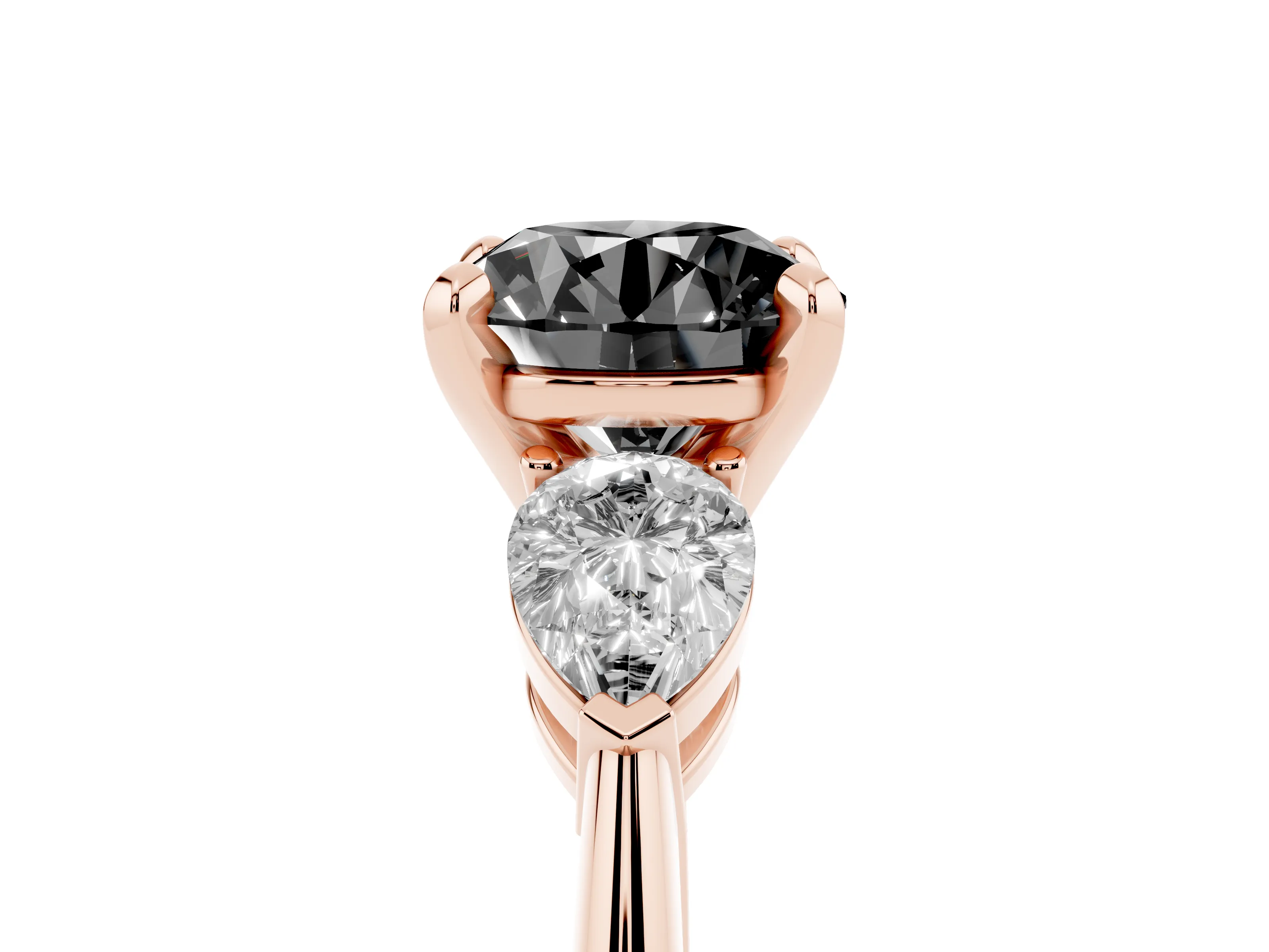 Fancy Black Three-Stone Round Cut Diamond Ring Set in Rose gold with Pear Side Stones and Prong Setting
