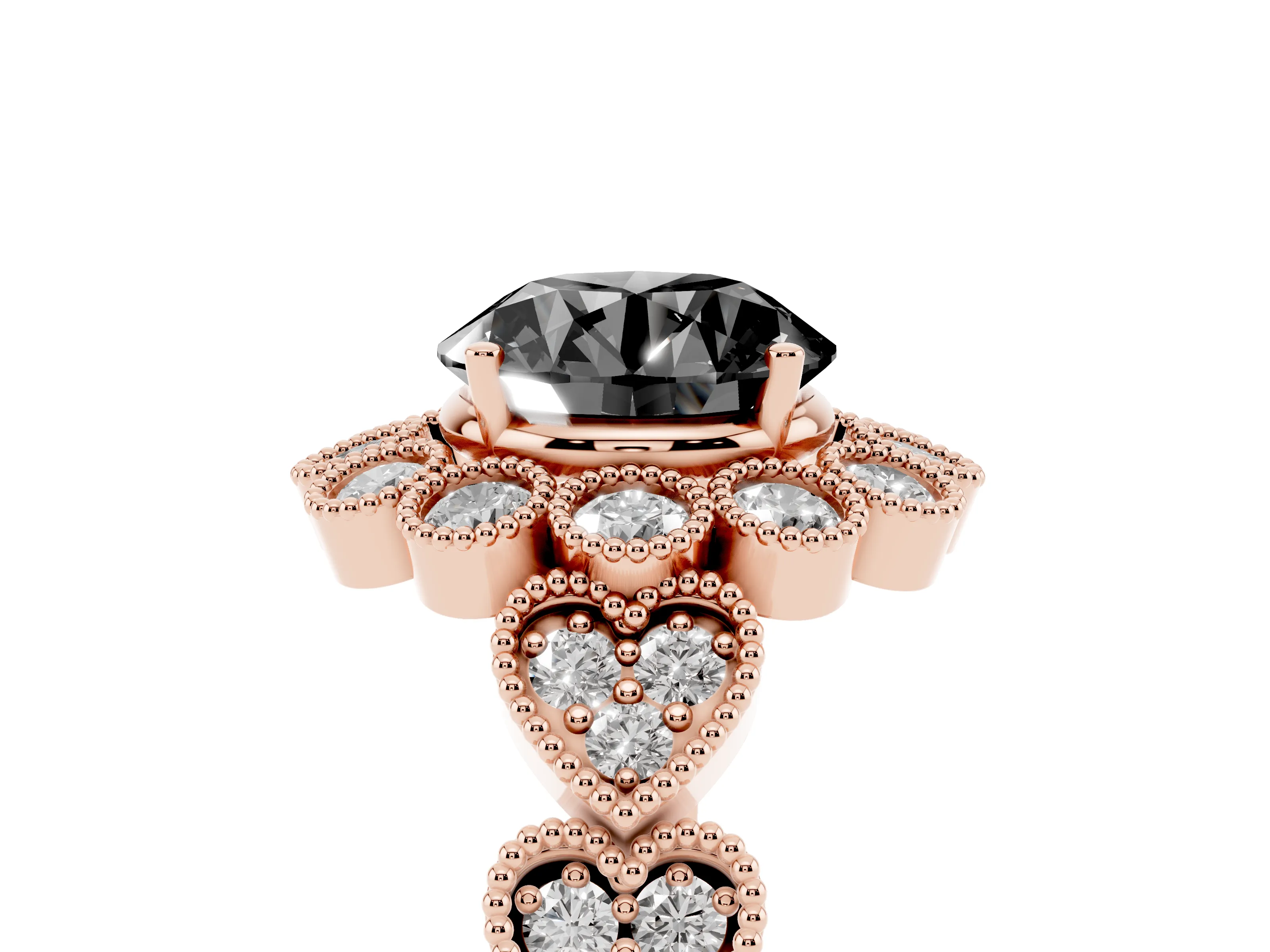 Fancy Black Round Cut Diamond Solitaire Ring Set in Rose gold with Milgrain Pavé Heart Band