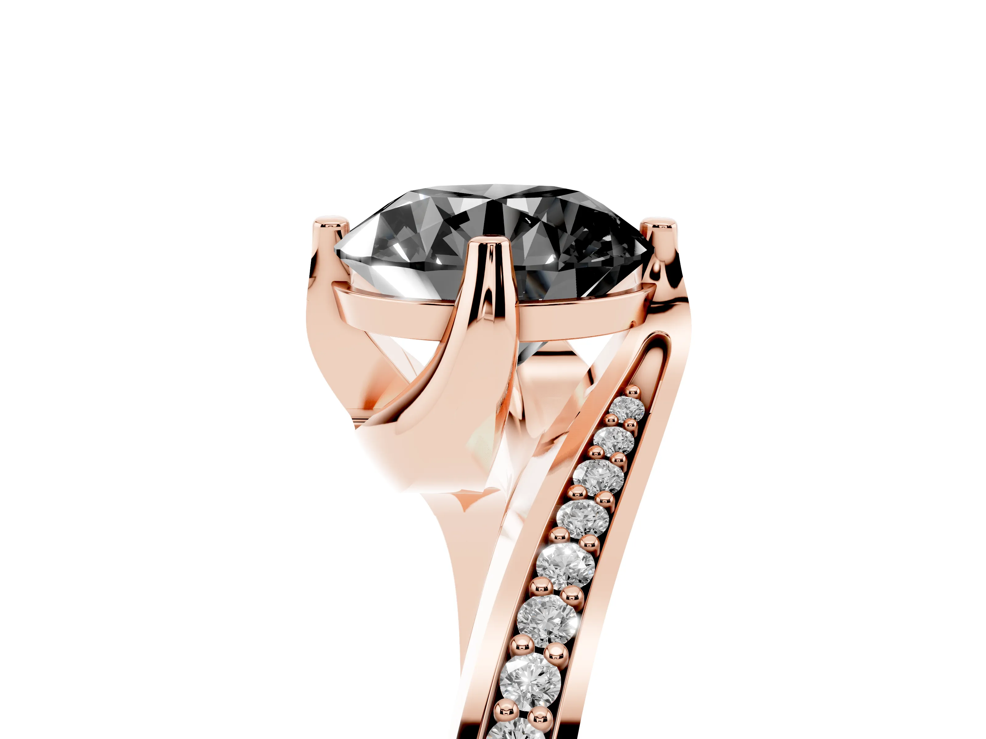 Fancy Black Round Cut Diamond Solitaire Ring Set in Rose gold with Intertwined Pavé Twist Band