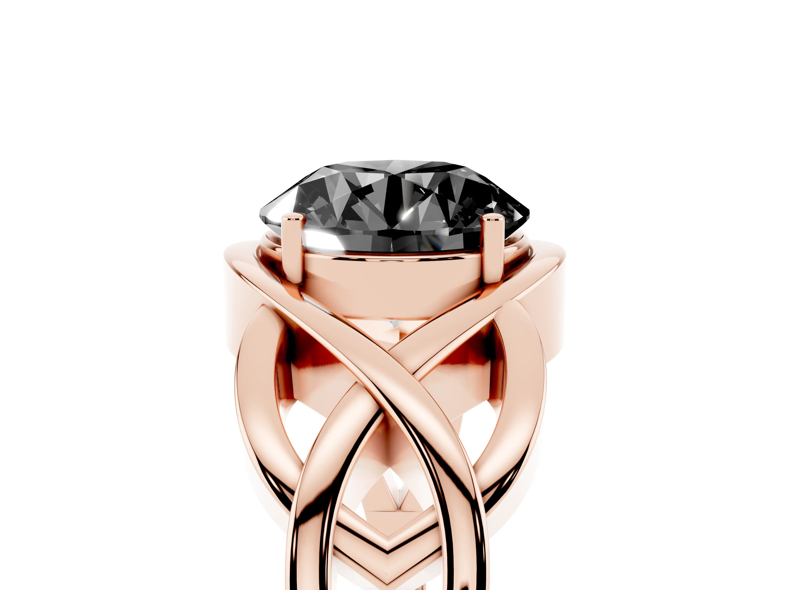 Fancy Black Round Cut Diamond Solitaire Ring Set in Rose gold with Intertwined Band