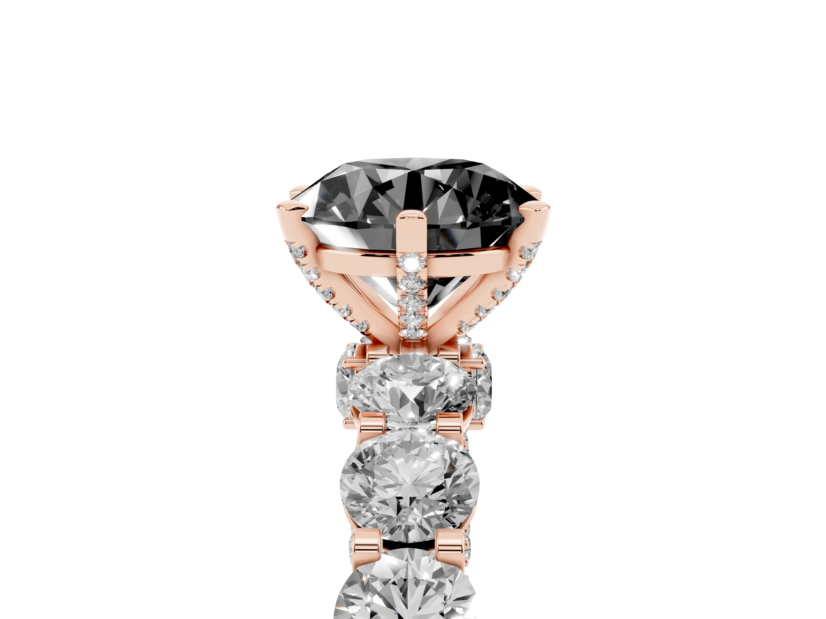 Fancy Black Round Cut Diamond Side Stone Ring Set in Rose gold with Alternating Round and Oval Side Stones