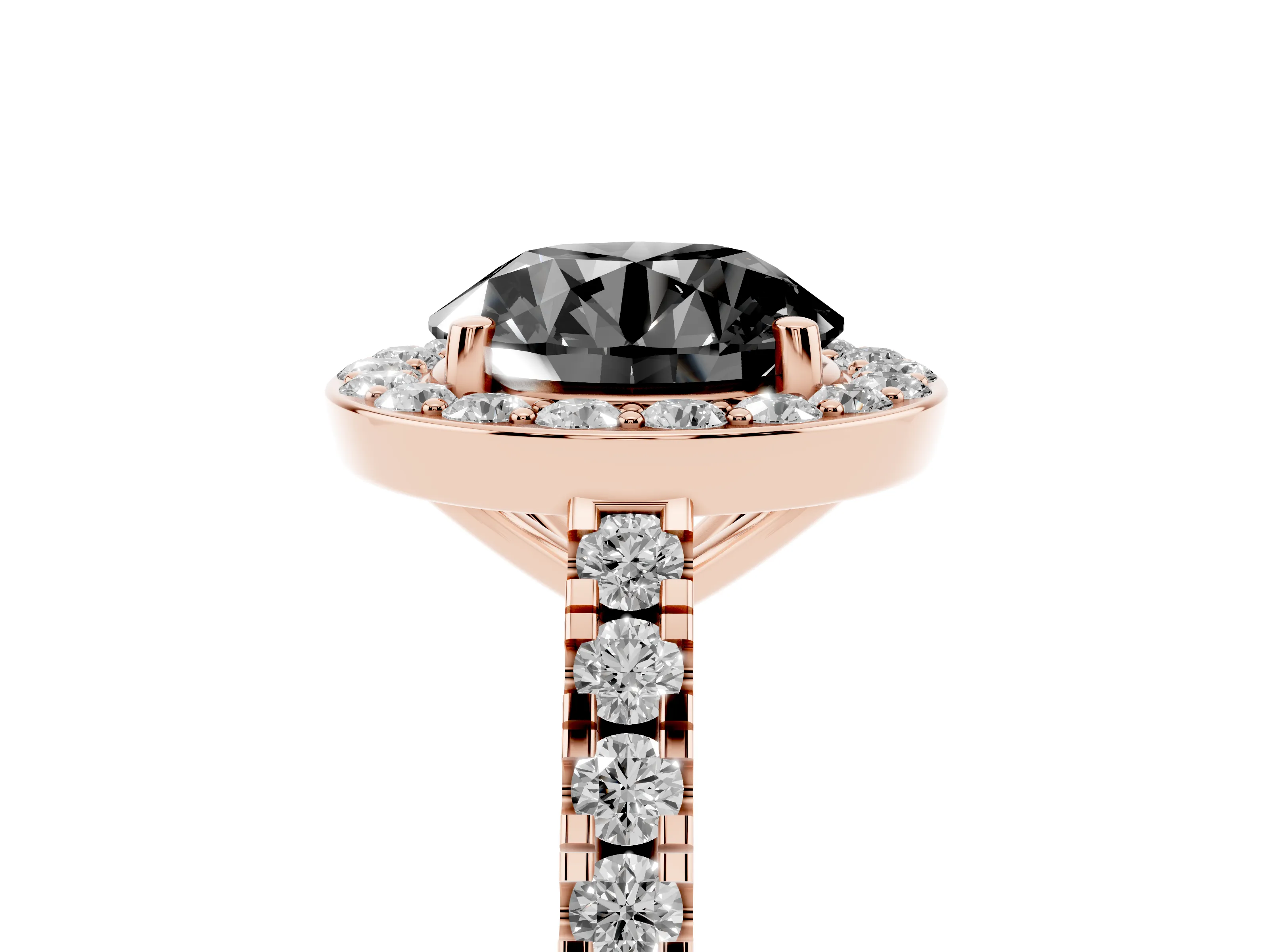 Fancy Black Round Cut Diamond Halo Ring Set in Rose gold with Round Pavé Split Shank and Prong Setting