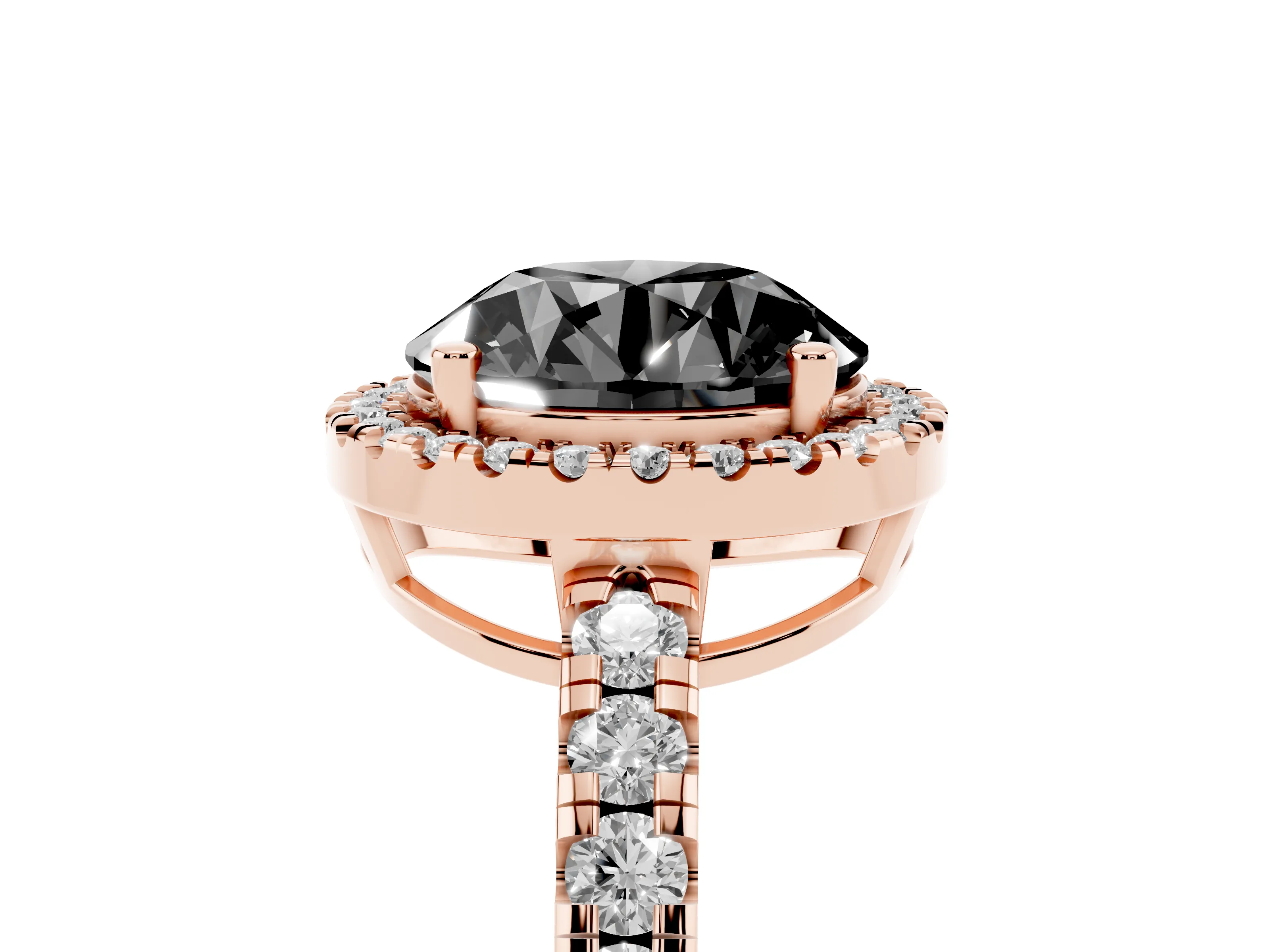Fancy Black Round Cut Diamond Halo Ring Set in Rose gold with Delicate Pavé Band and Prong Setting