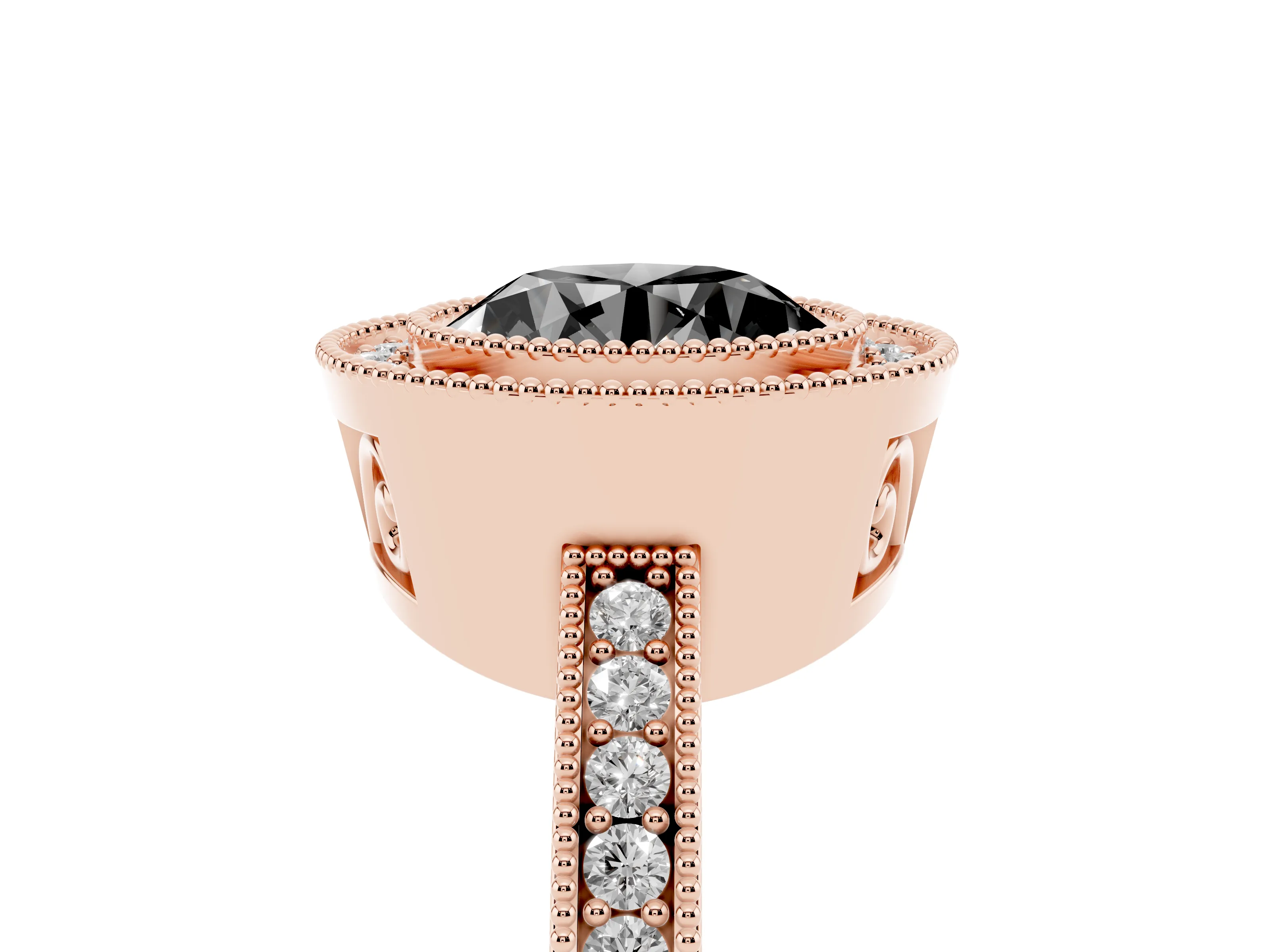 Fancy Black Round Cut Diamond Round Halo Ring Set in Rose gold with Pavé Band