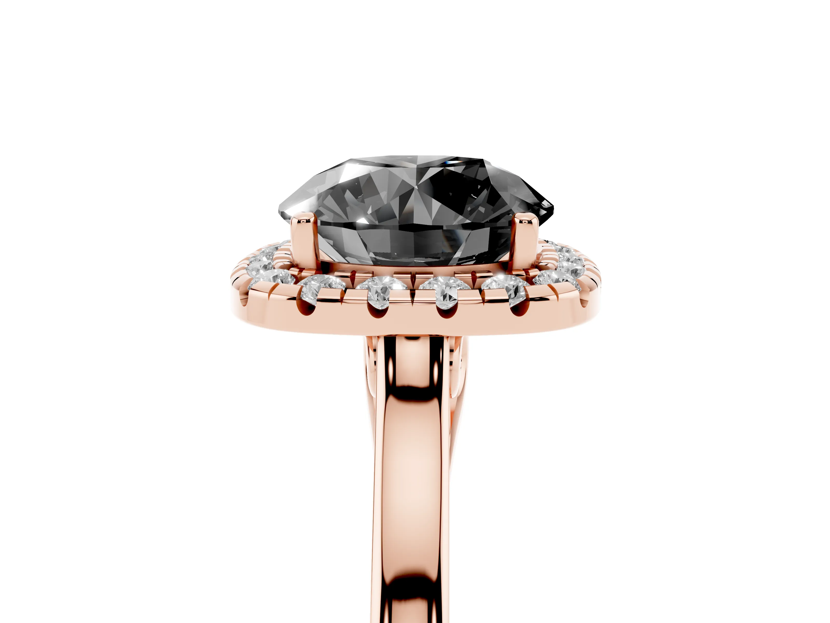 Fancy Black Round Cut Halo Round Diamond Solitaire Ring Set in Rose gold with Pavé Band and Prong Setting