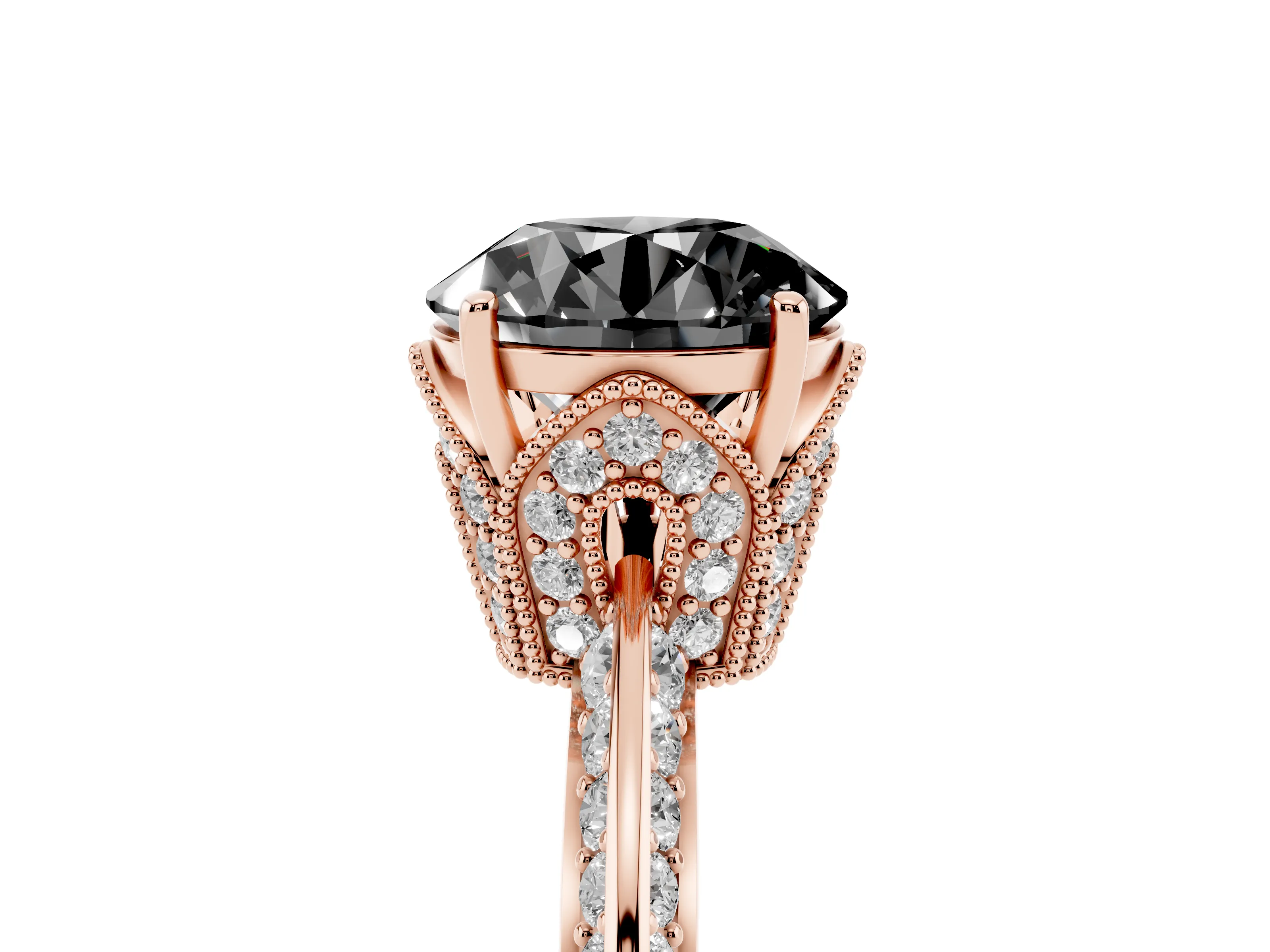 Fancy Black Round Cut Diamond Solitaire Engagement Ring Set in Rose gold with Pavé Split Shank and Prong Setting