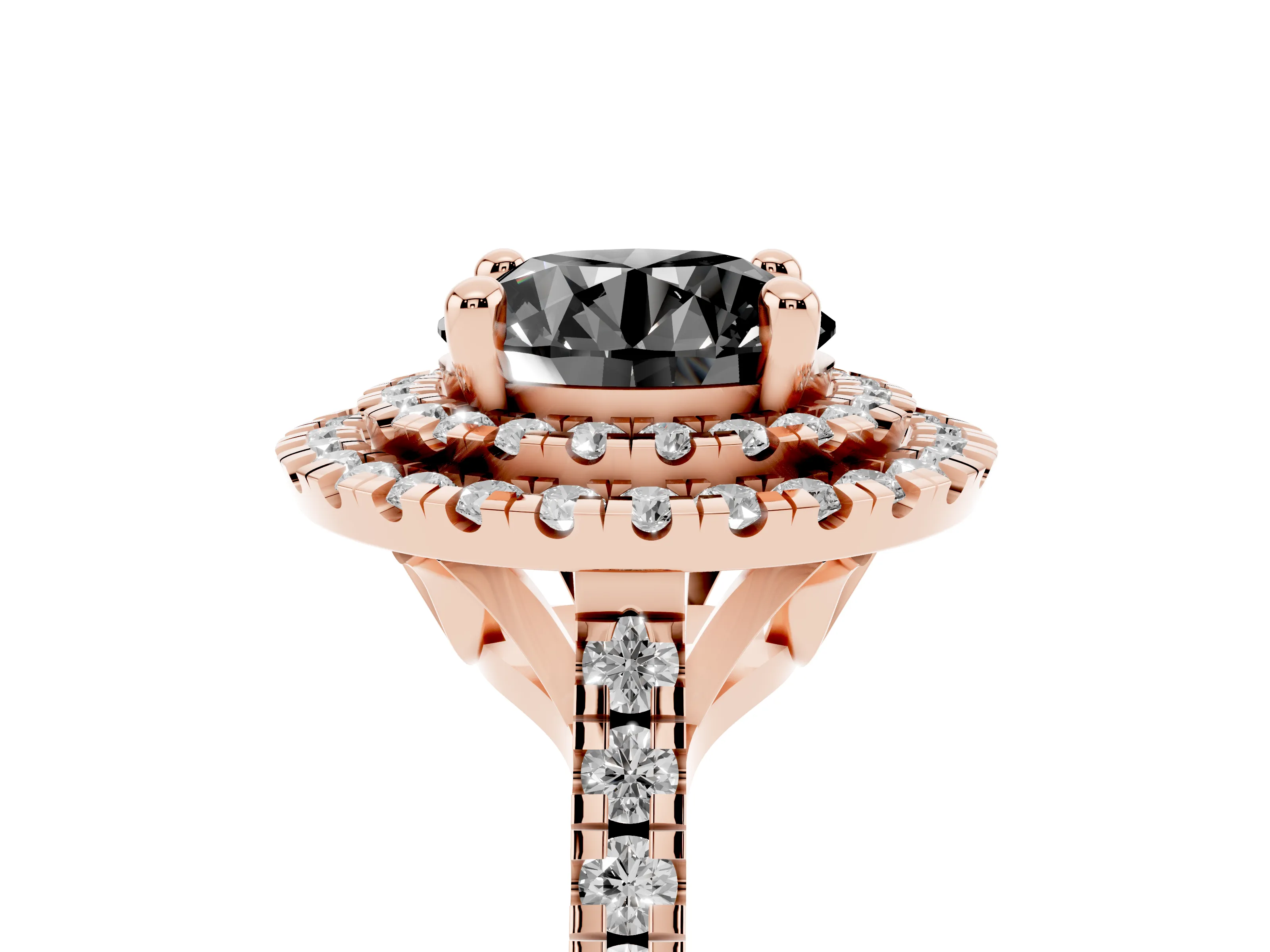 Fancy Black Round Cut Diamond Double Halo Statement Ring Set in Rose gold with Pavé Band