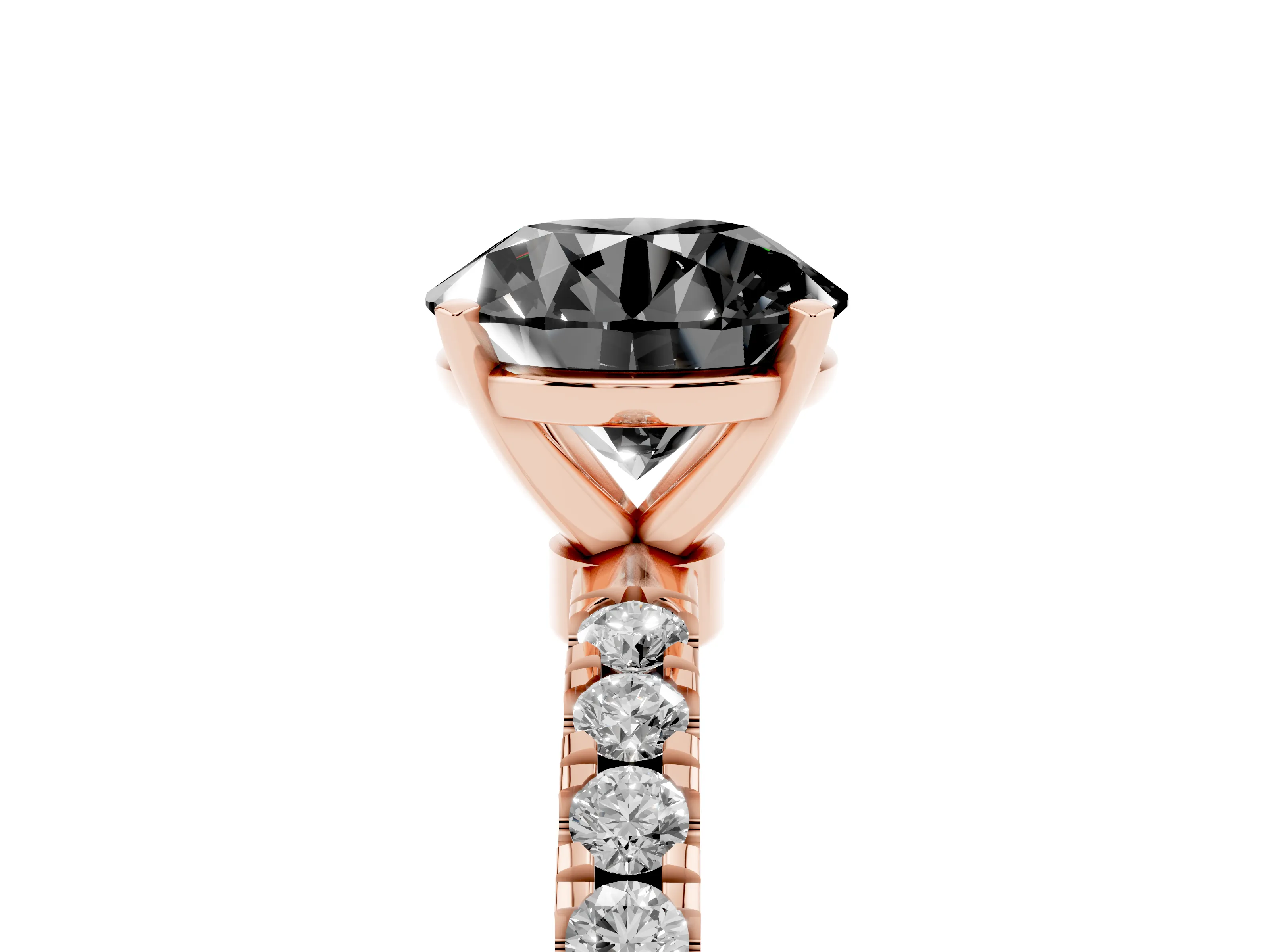 Fancy Black Round Cut Diamond Solitaire Ring Set in Rose gold with Pavé Accents and Prong Setting
