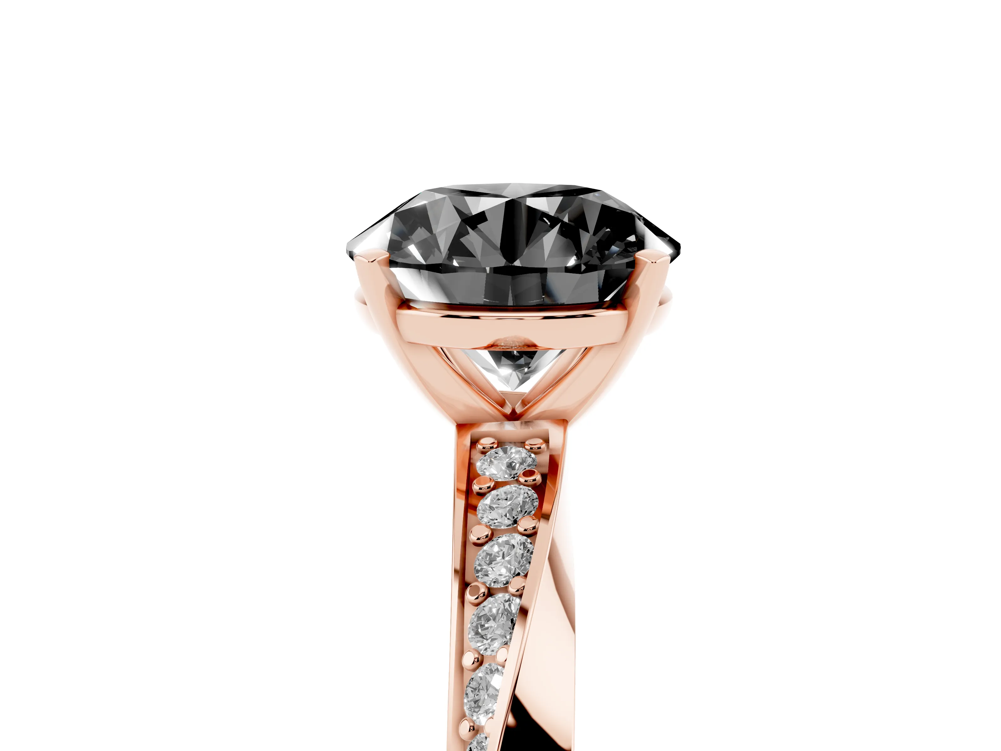 Fancy Black Round Cut Diamond Engagement Ring Set in Rose gold with Side Stone Accents and Prong Setting