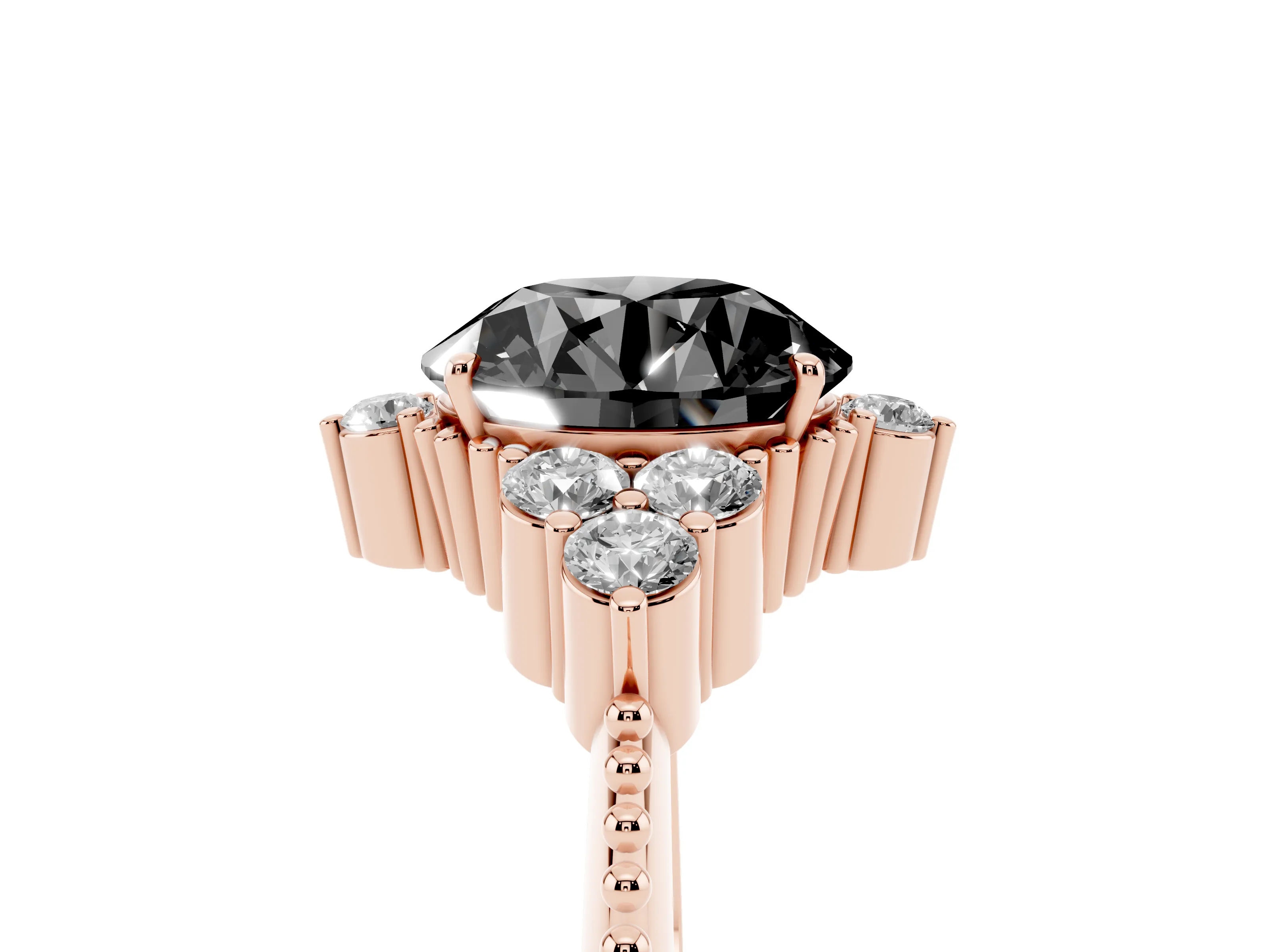 Fancy Black Round Cut Diamond Cluster Ring Set in Rose gold with Beaded Band