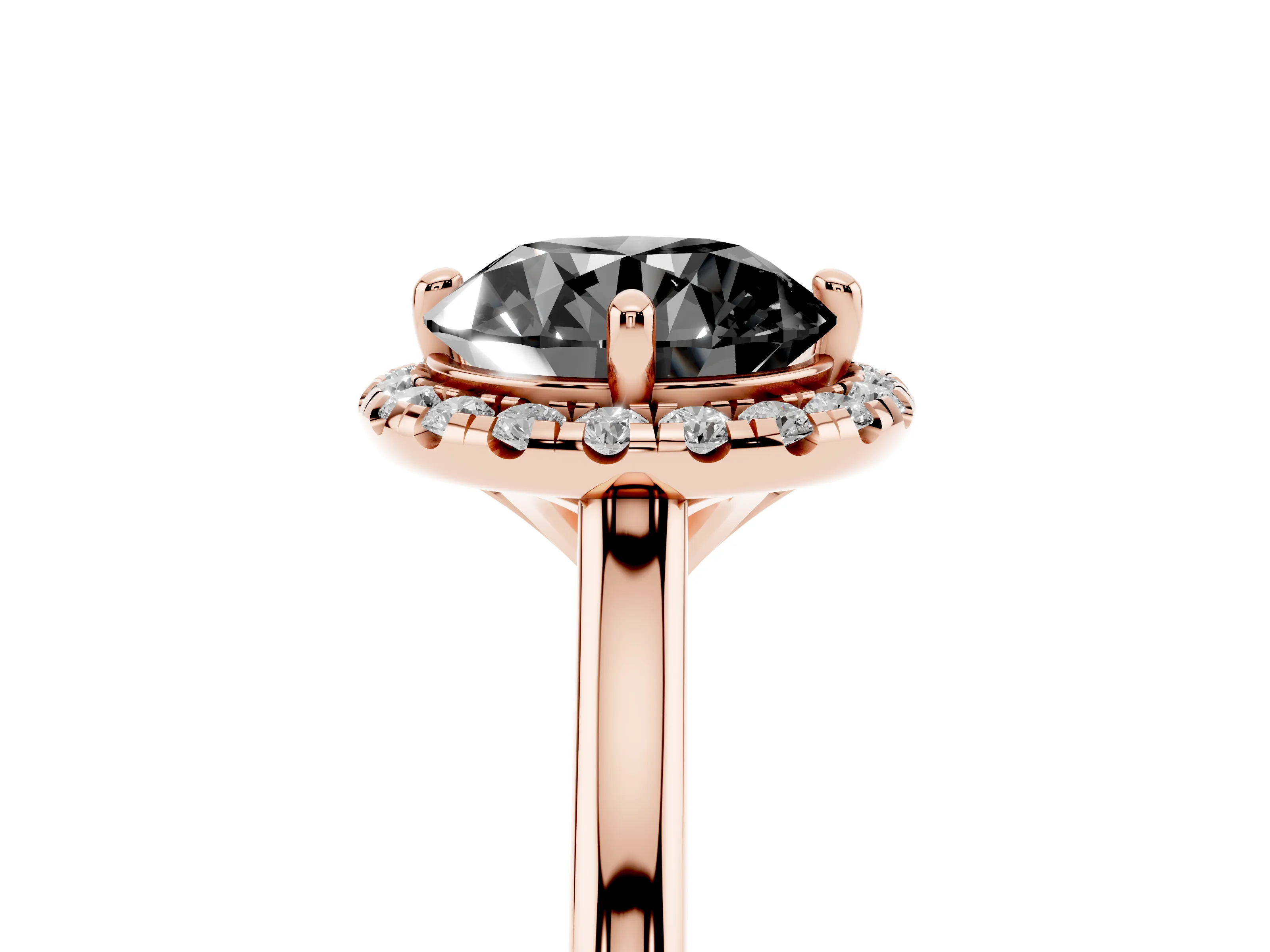 Fancy Black Round Cut Diamond Halo Engagement Ring Set in Rose gold with Pavé Band and Rising Shoulders