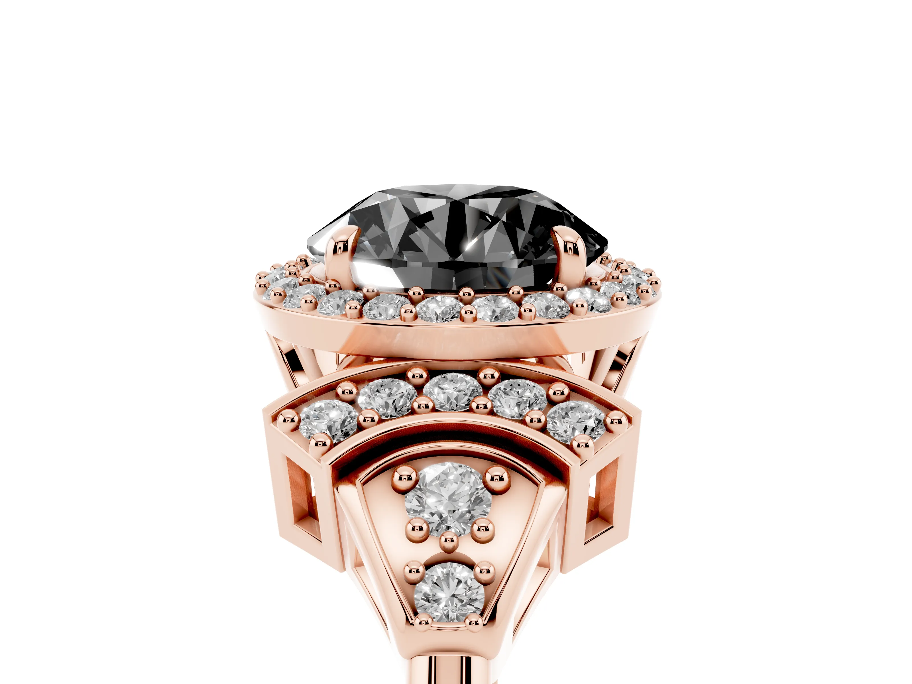 Fancy Black Round Cut Diamond Halo Engagement Ring Set in Rose gold with Accent Stone Split Shank