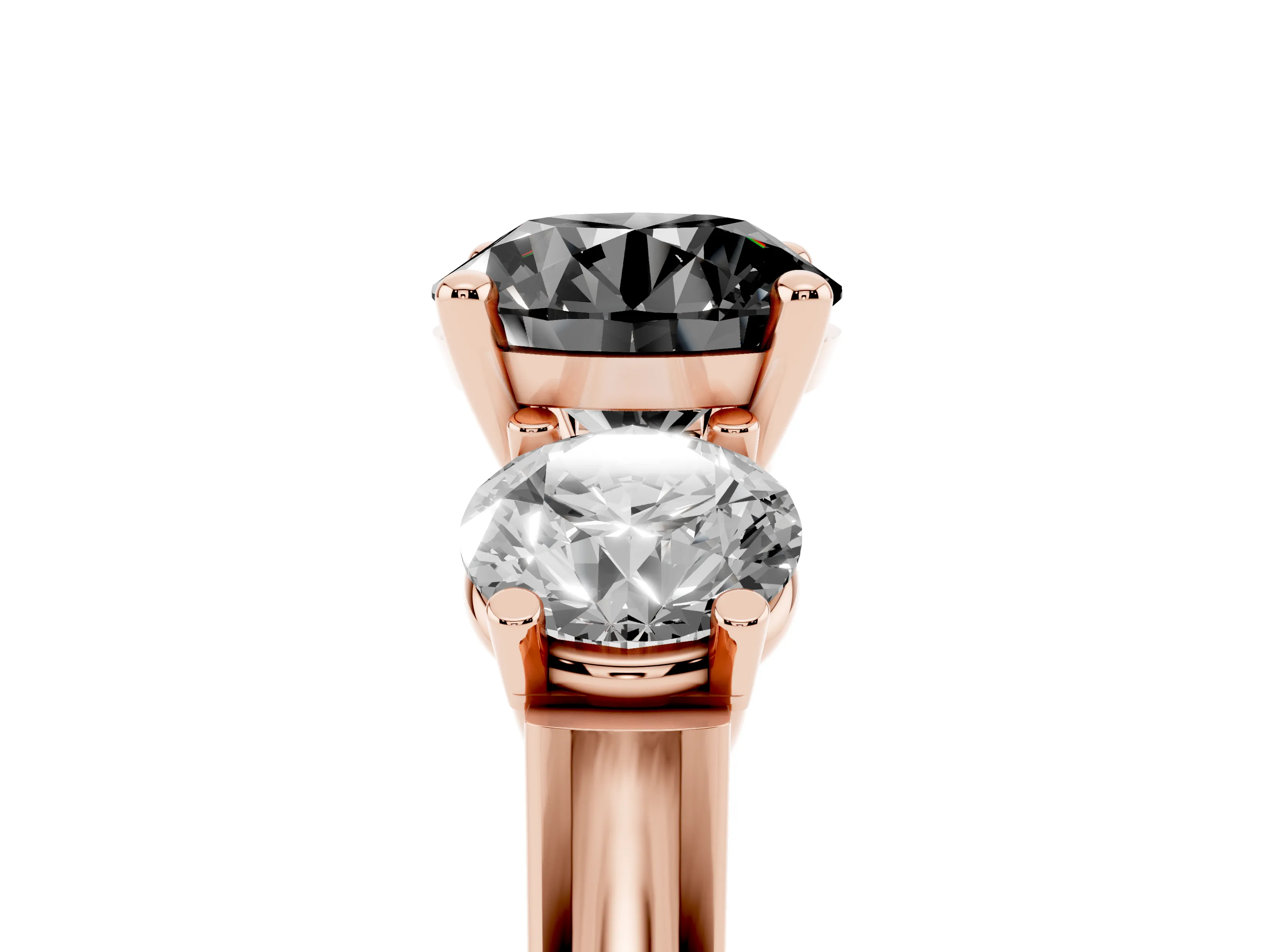 Fancy Black Round Cut Diamond Three-Stone Trellis Ring Set in Rose gold with Comfort Fit Band