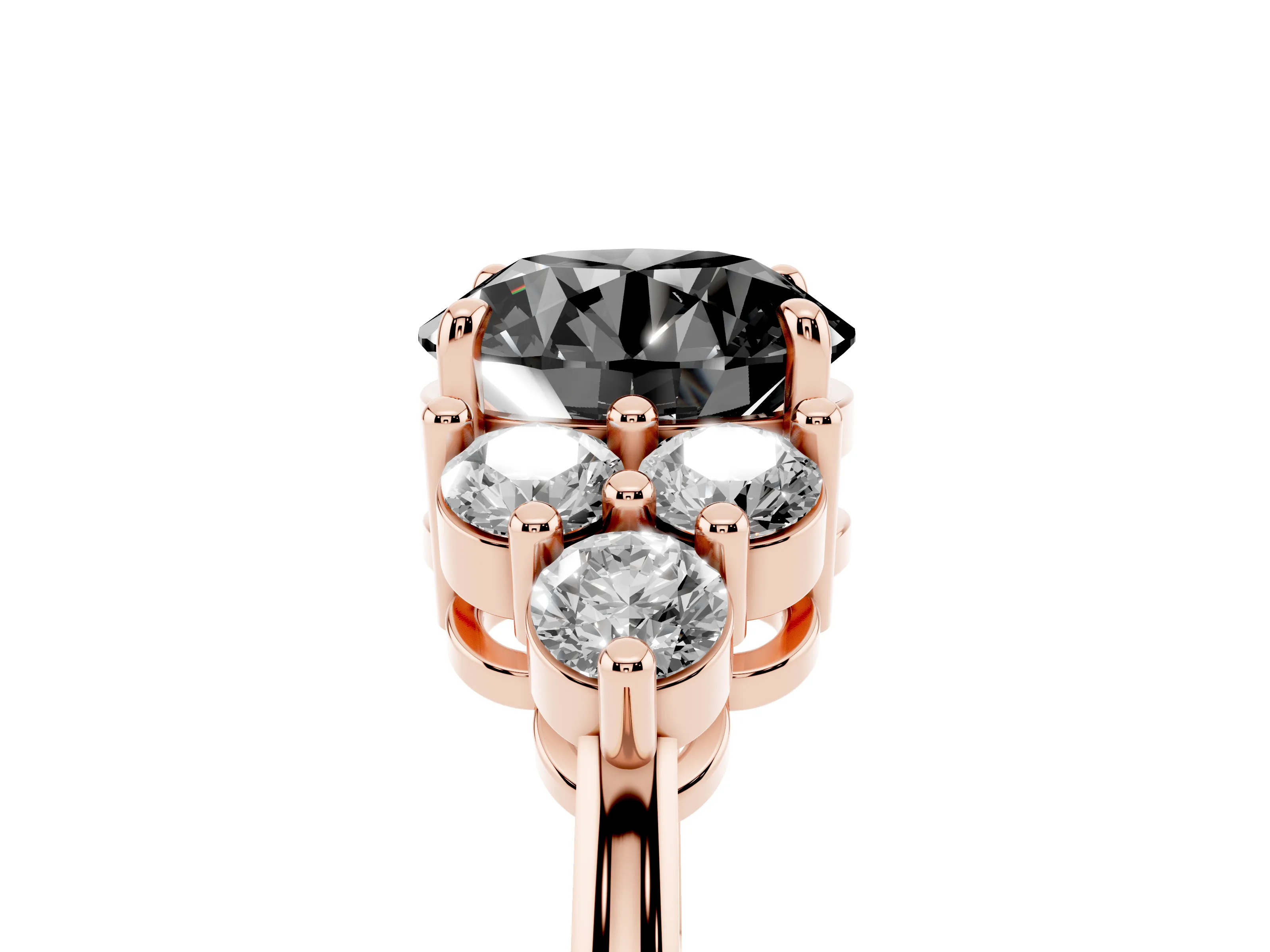 Fancy Black Round Cut Diamond Solitaire Ring Set in Rose gold with Cluster Accents on Each Side