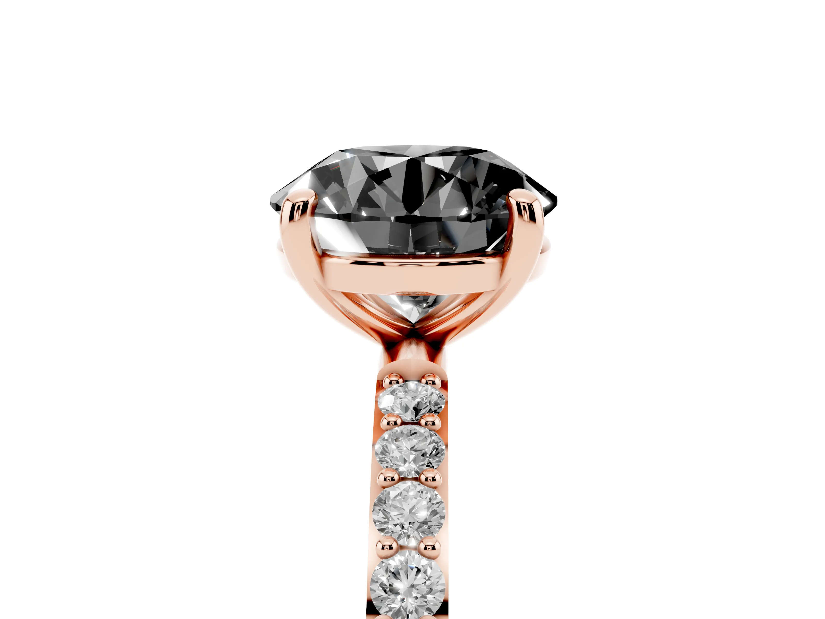 Fancy Black Round Cut Diamond Solitaire Ring Set in Rose gold with Round Pavé Band and Prong Setting