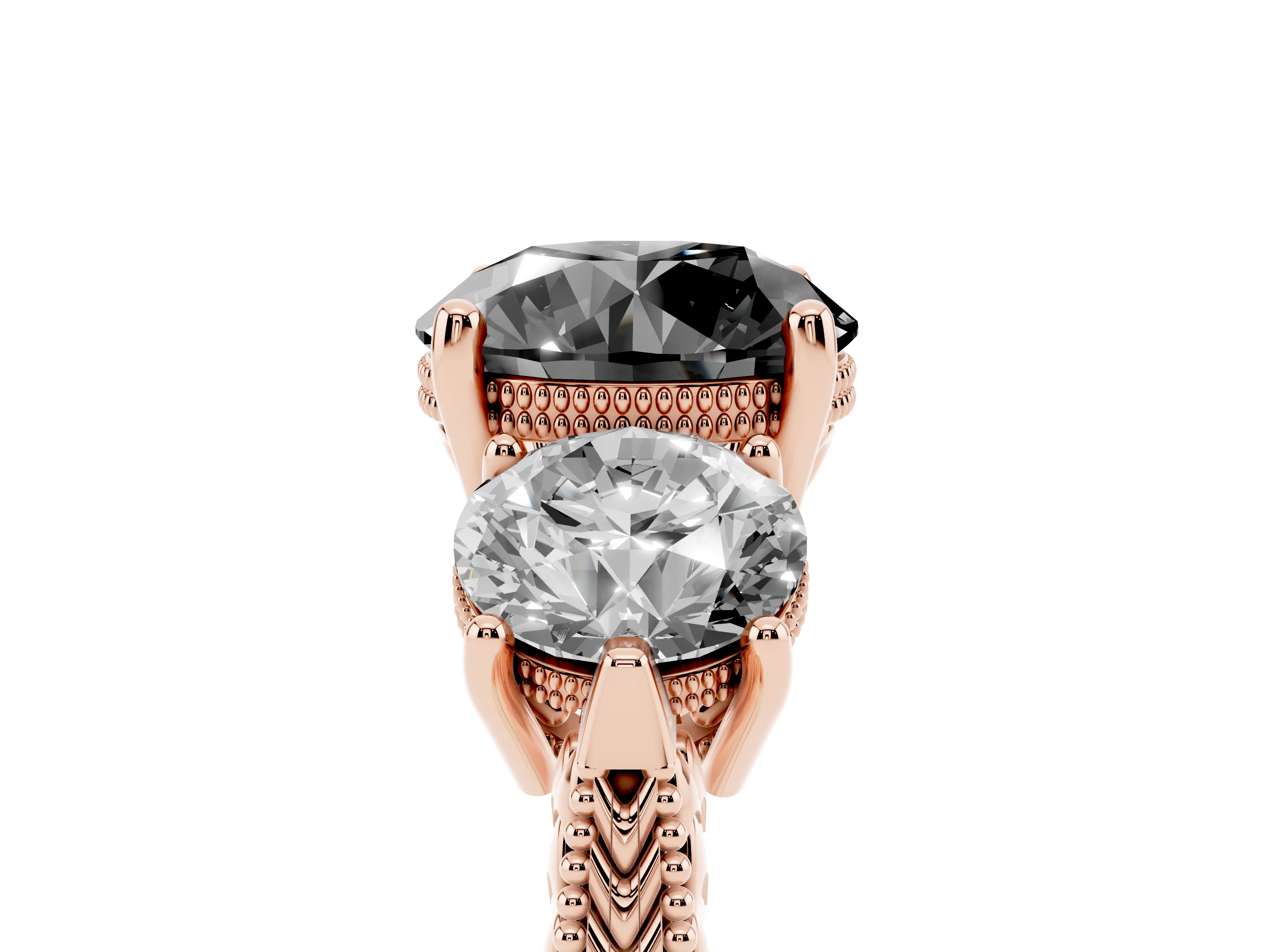 Fancy Black Round Cut Diamond Three-Stone Ring Set in Rose gold with Milgrain Band
