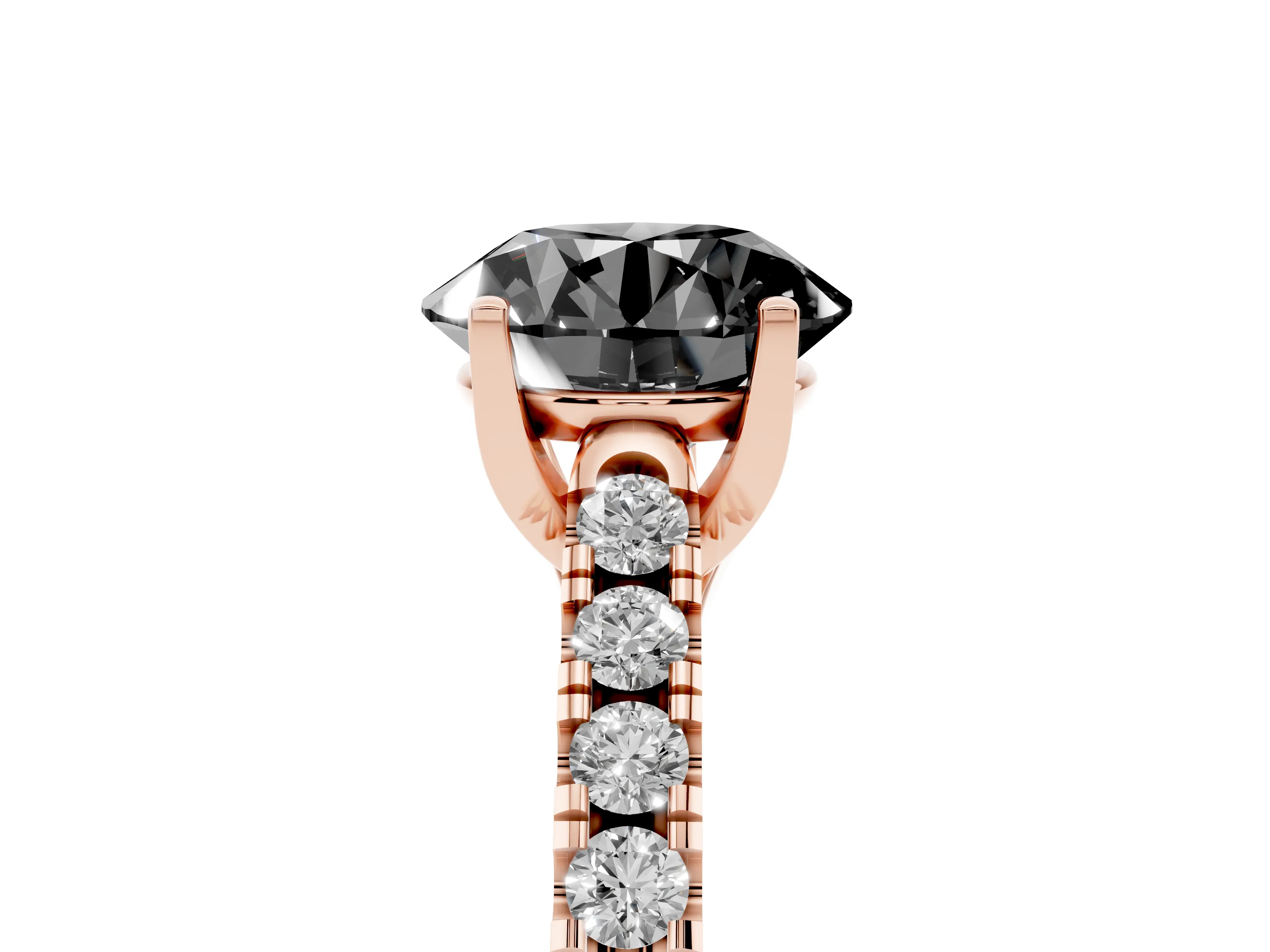 Fancy Black Round Cut Diamond Pavé Band Solitaire Ring Set in Rose gold with Partway Accent Stones and Prong Setting