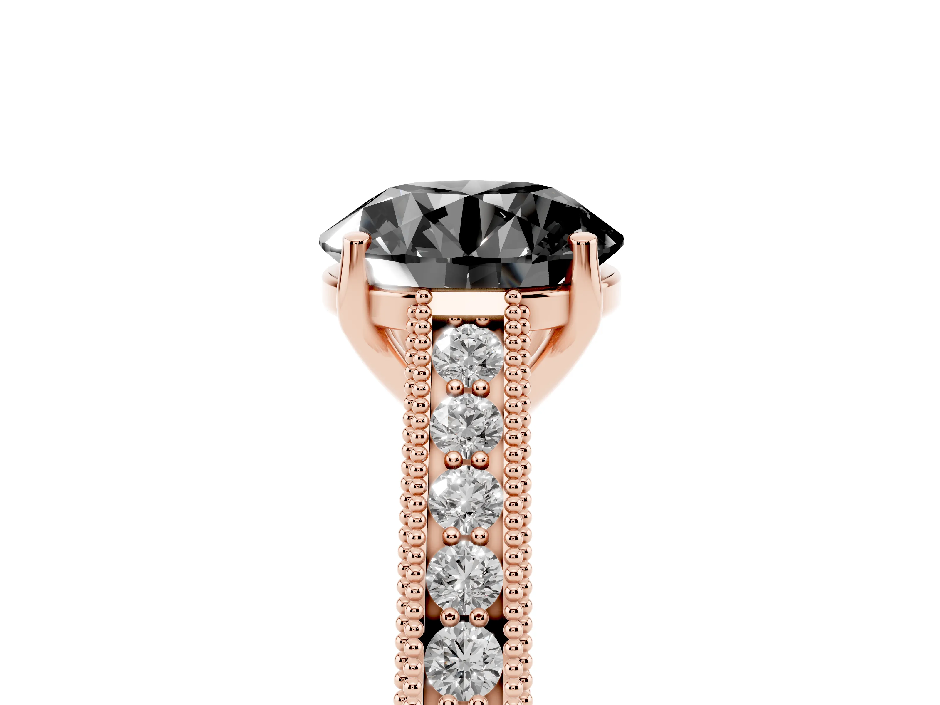 Fancy Black Round Cut Diamond Milgrain Pavé Band Solitaire Ring Set in Rose gold with Prong Setting