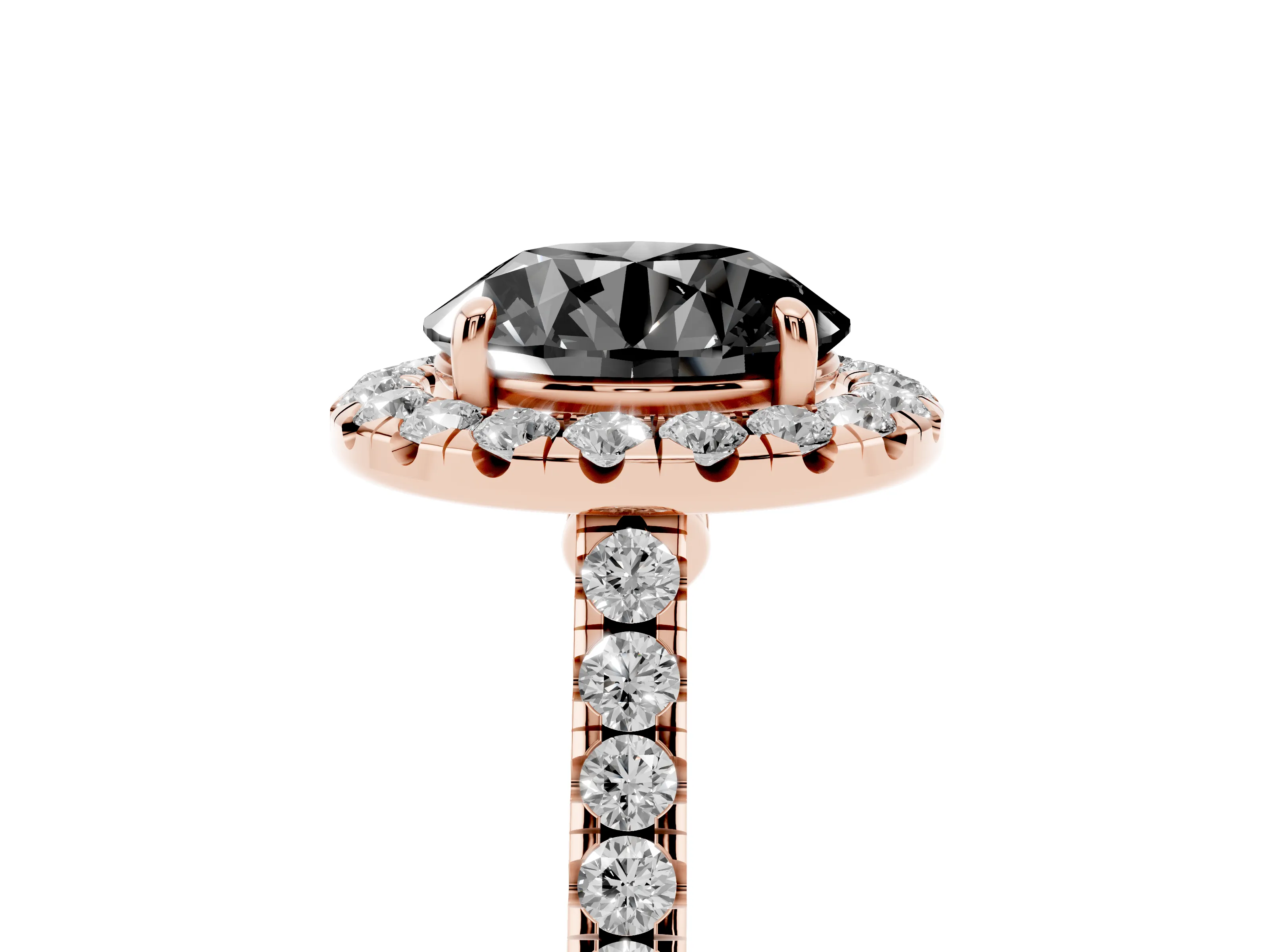 Fancy Black Round Cut Diamond Halo Pavé Engagement Ring Set in Rose gold with Prong Setting