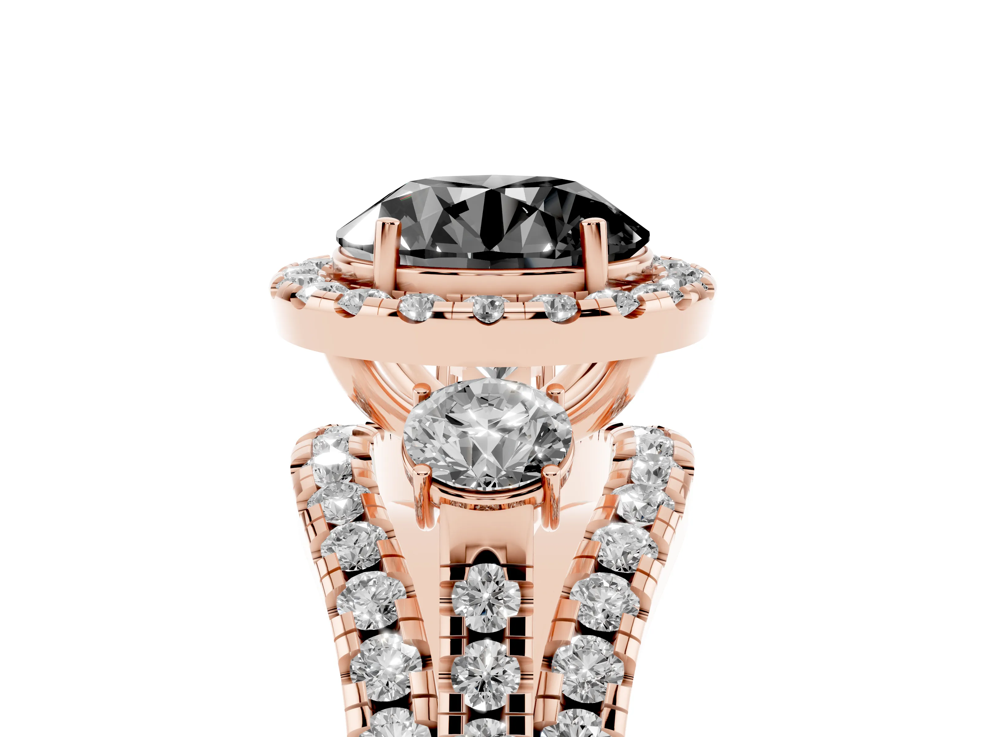 Fancy Black Round Cut Diamond Halo Split Shank Ring Set in Rose gold with Round Accent Stones and Prong Setting