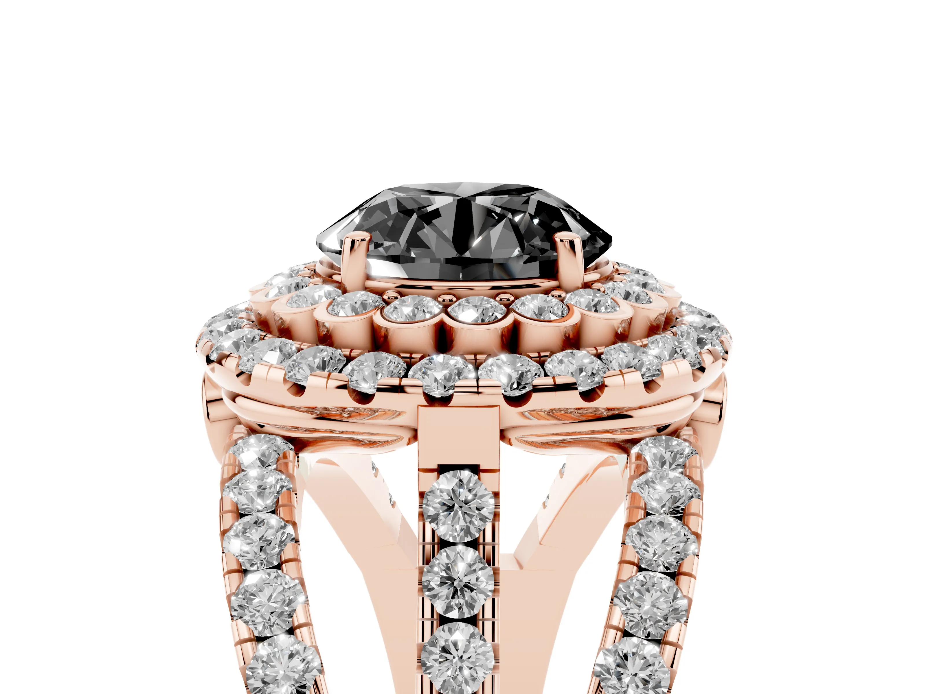 Fancy Black Round Cut Diamond Double Halo Ring Set in Rose gold with Round Pavé Split Shank