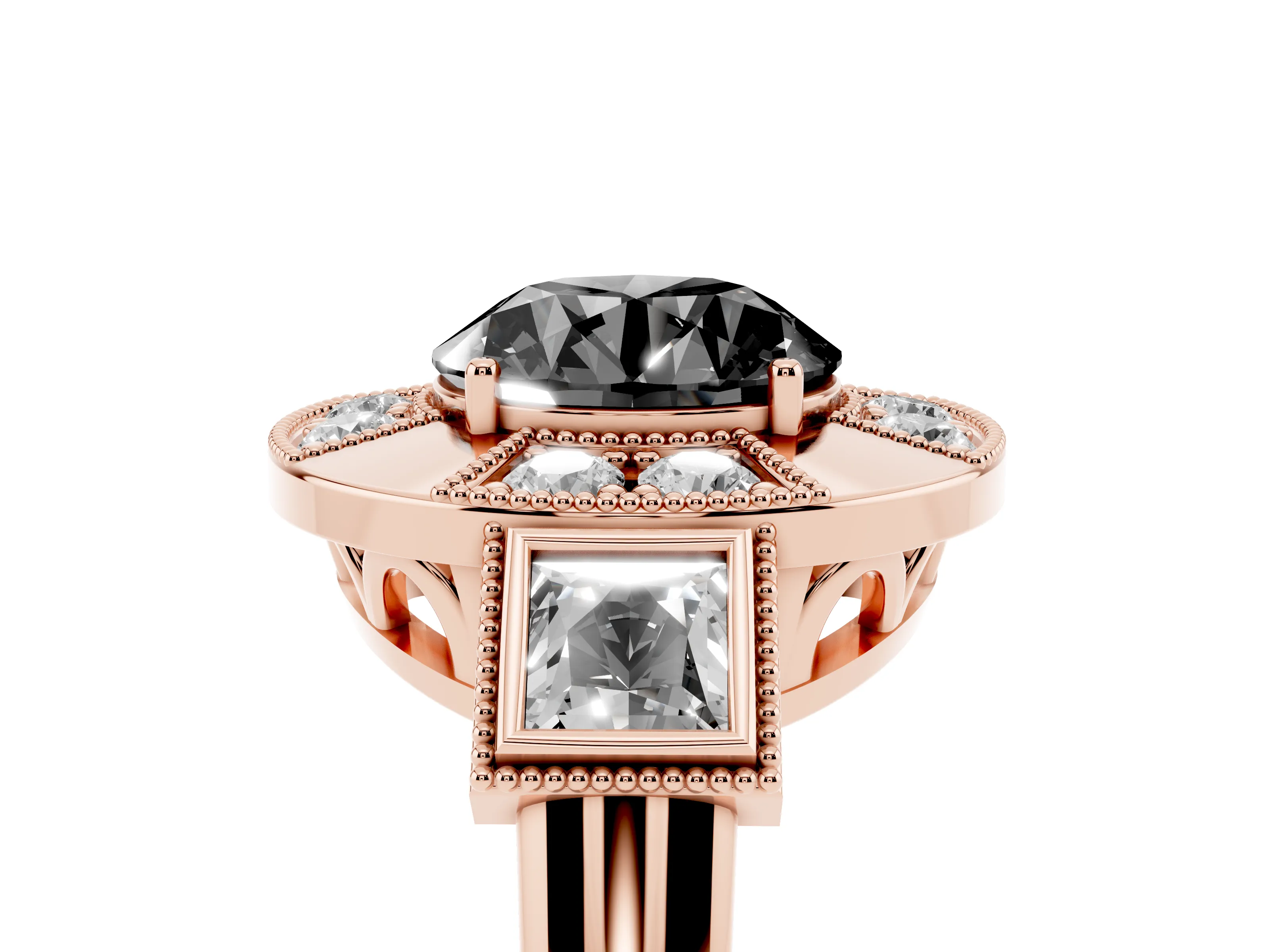 Fancy Black Round Cut Diamond Milgrain Halo Ring Set in Rose gold with Split Shank