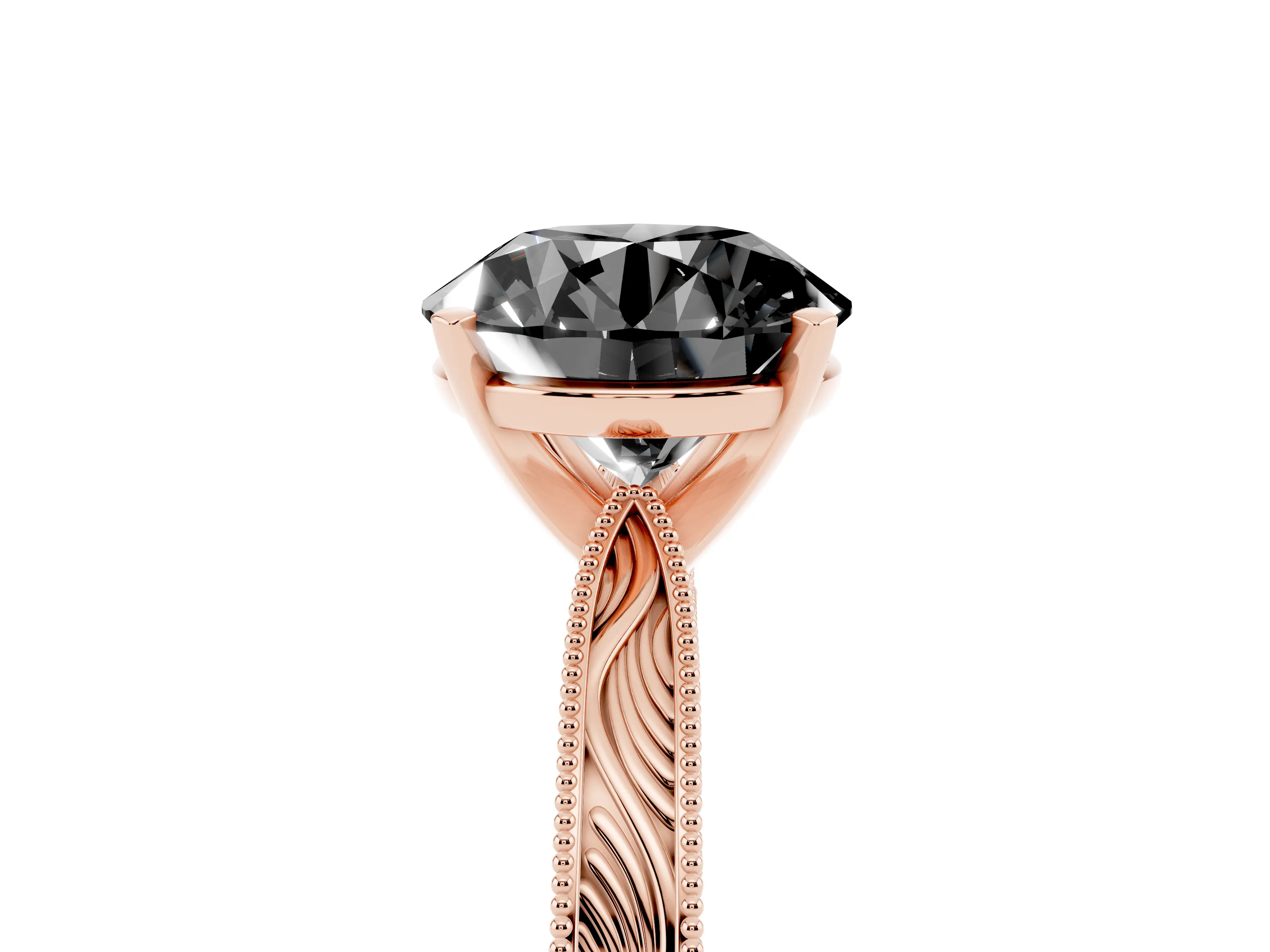 Fancy Black Round Cut Diamond Solitaire Milgrain Engraved Band Set in Rose gold with Prong Setting