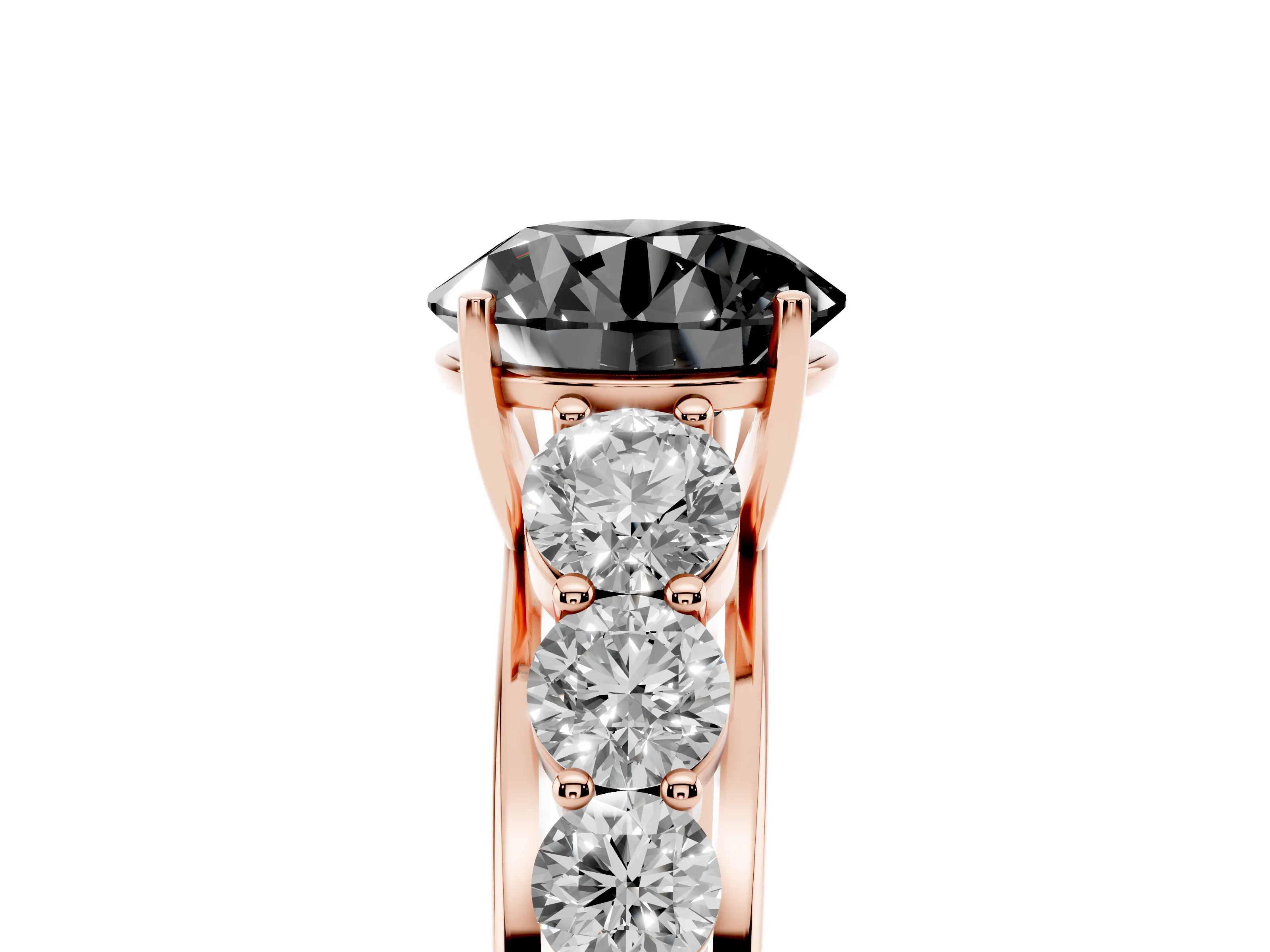 Fancy Black Round Cut Diamond Solitaire Ring Set in Rose gold with Pavé-Set Band and Prong Setting
