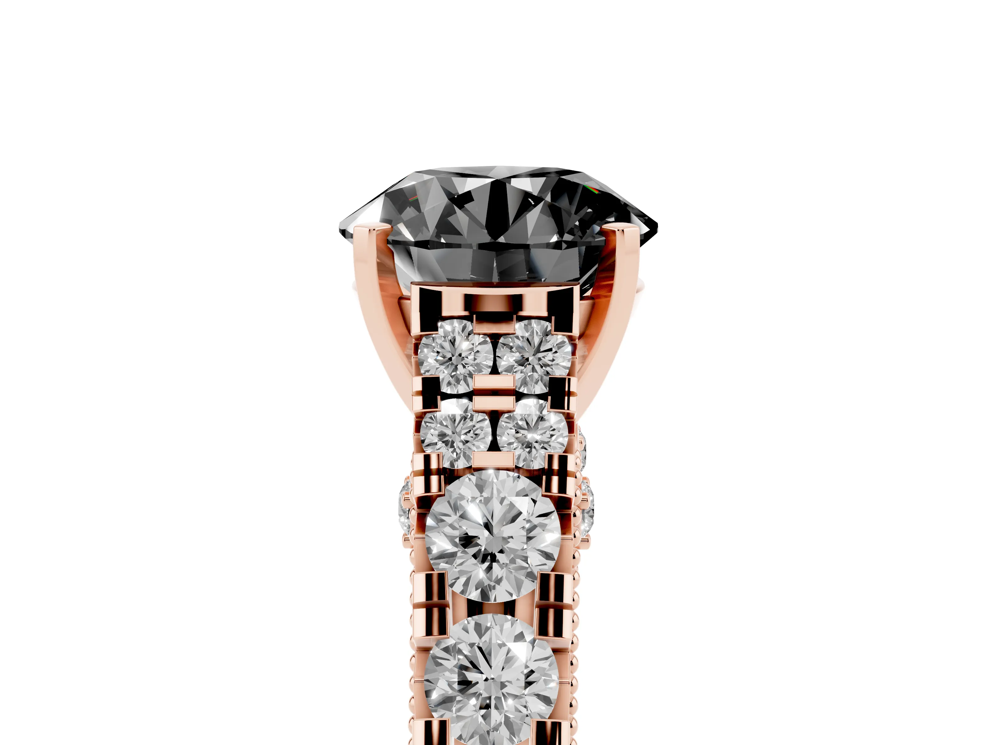 Fancy Black Round Cut Diamond Classic Solitaire Ring Set in Rose gold with Pavé Band and Prong Setting